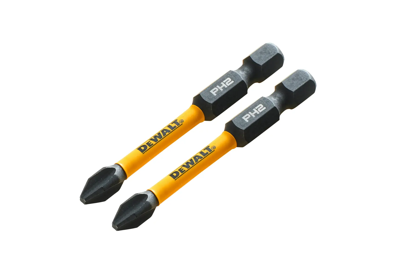 Two DEWALT PH2 screwdriver bits with yellow shafts and black tips, shown side by side on a white background.