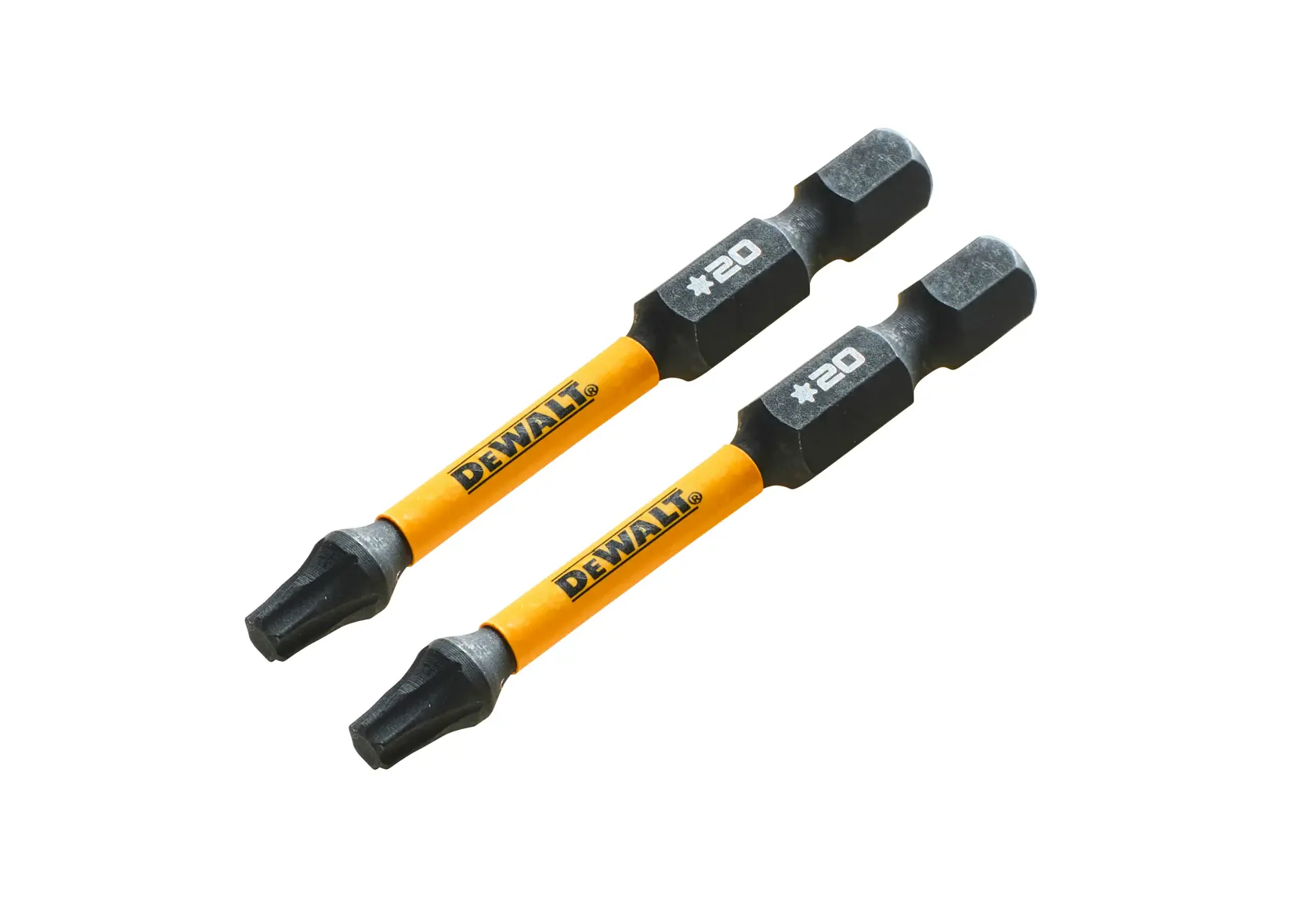 Two DEWALT screwdriver bits with yellow shafts and black tips. Both are marked with +20 and suitable for screwdriving.