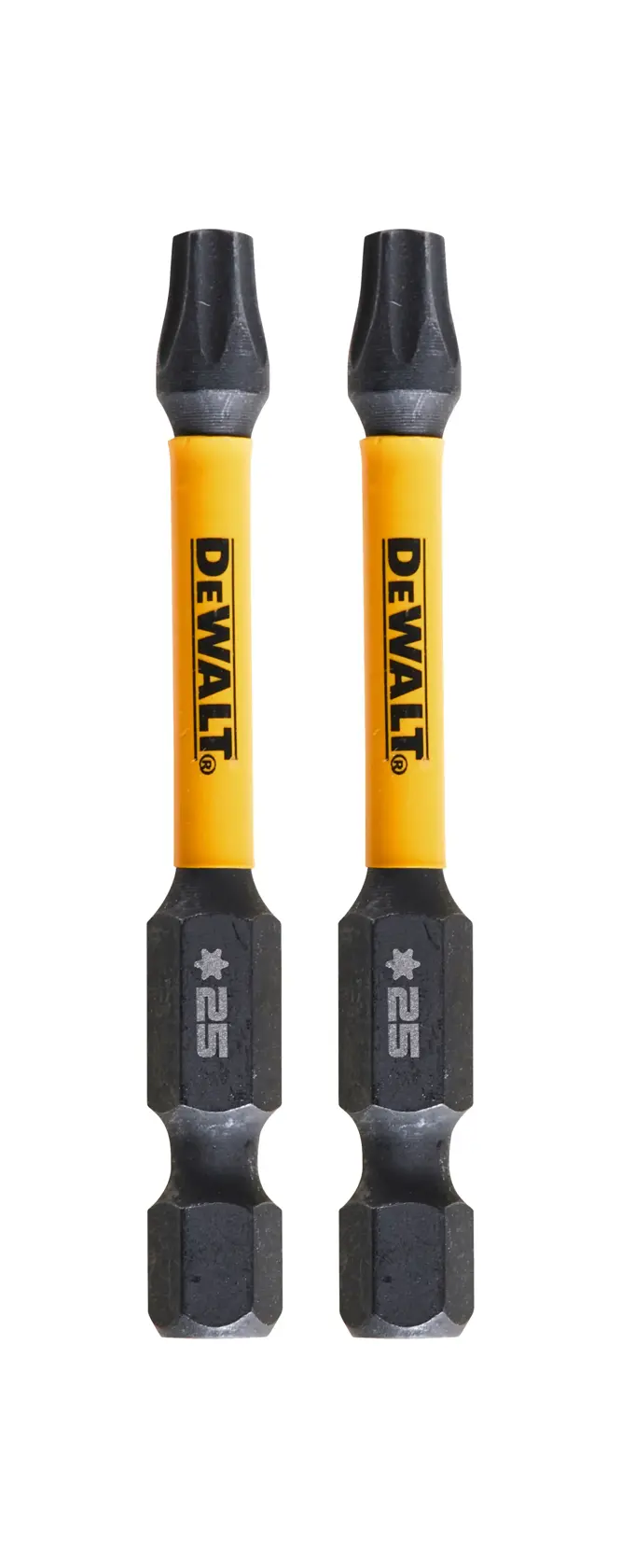 Two DEWALT DT70534T screwdriver bits with yellow shafts and black tips, shown upright on a white background.