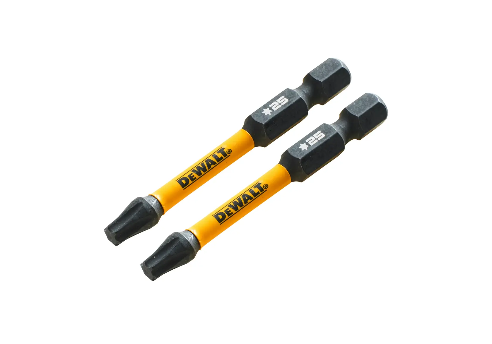 Two DEWALT screwdriver bits with yellow shafts and black tips, suitable for use with power tools.