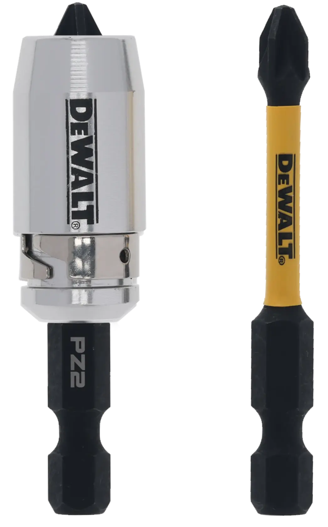 DEWALT DT70535T punta de destornillador con portapuntas, plateada y negra, en fondo blanco.