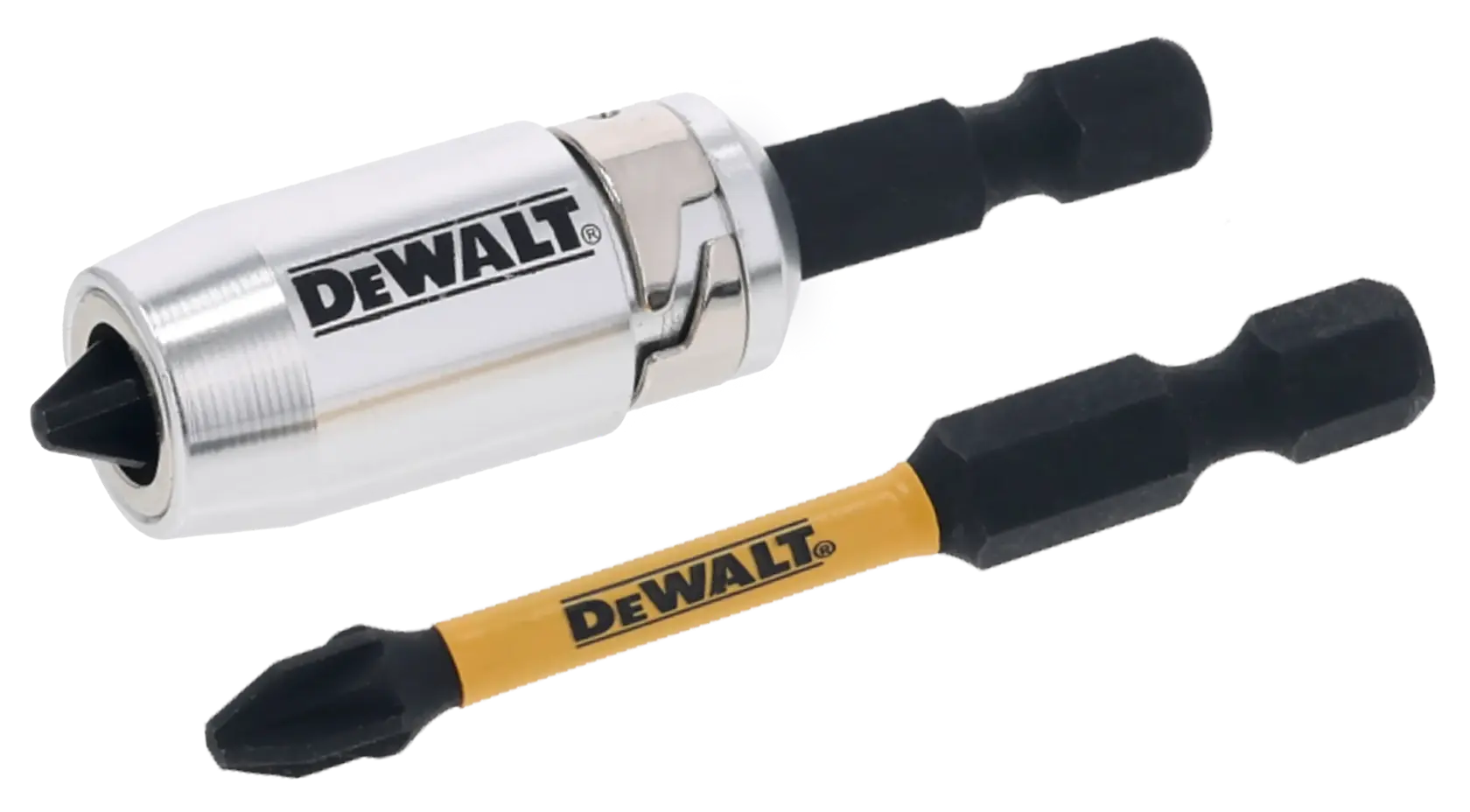 Portapuntas y punta DEWALT DT70535T para herramientas eléctricas, sobre fondo blanco.
