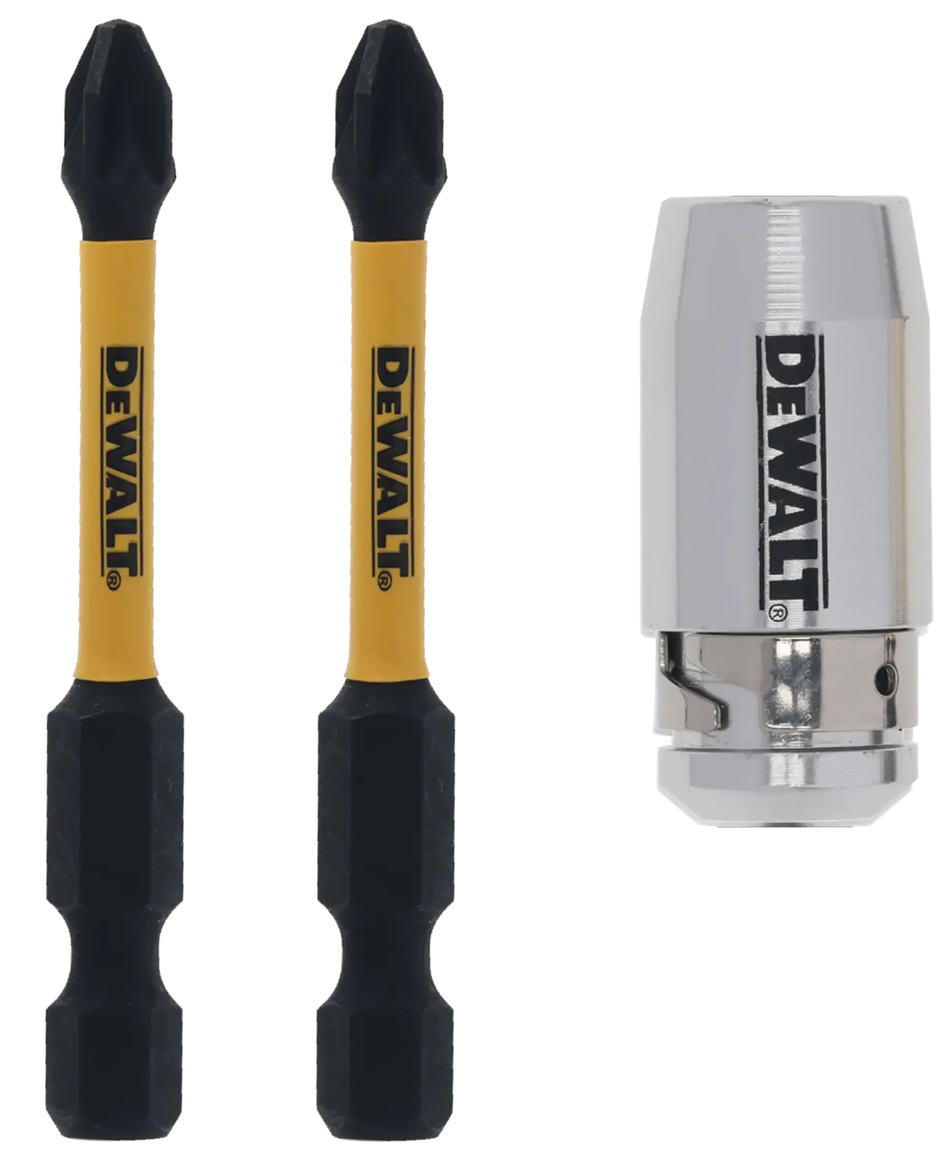 Set DEWALT con dos puntas de destornillador y un portapuntas magnético, sobre fondo blanco.
