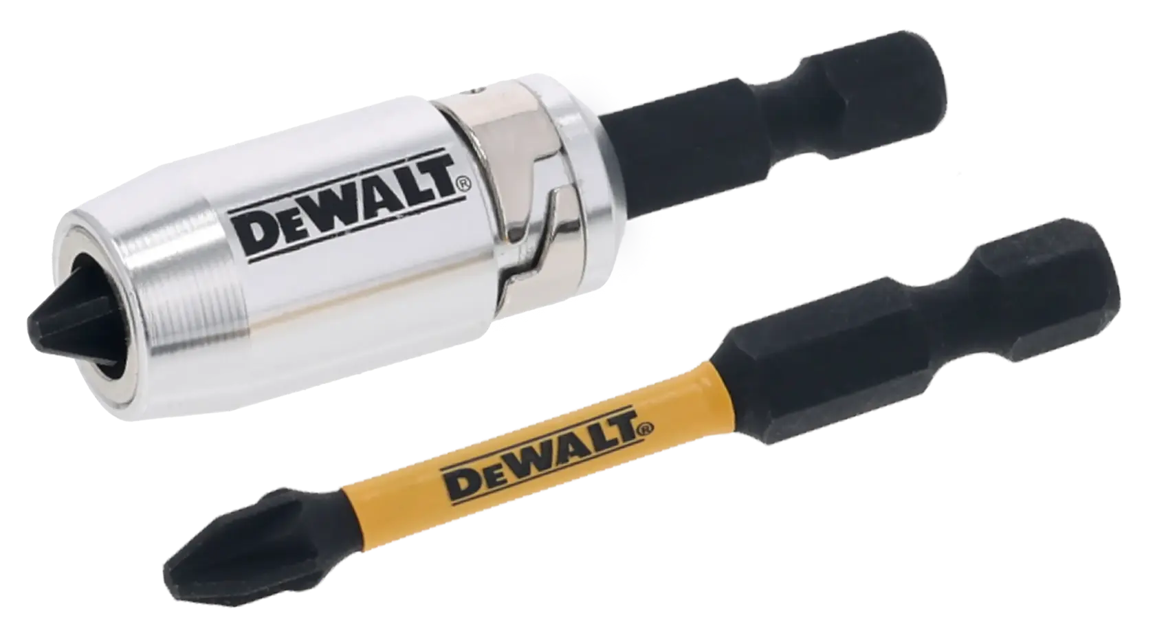 Juego de puntas DEWALT con soporte magnético y una sola punta Phillips amarilla.