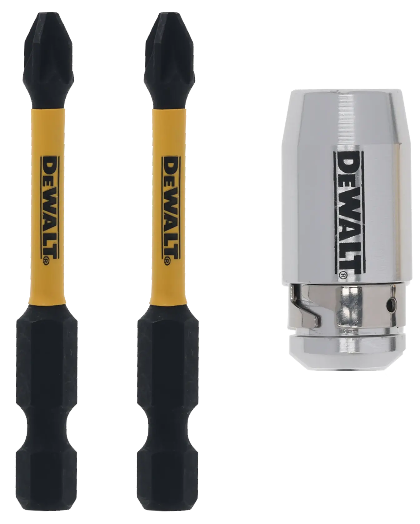 DEWALT DT70536T incluye dos puntas de destornillador y un portapuntas metálico.