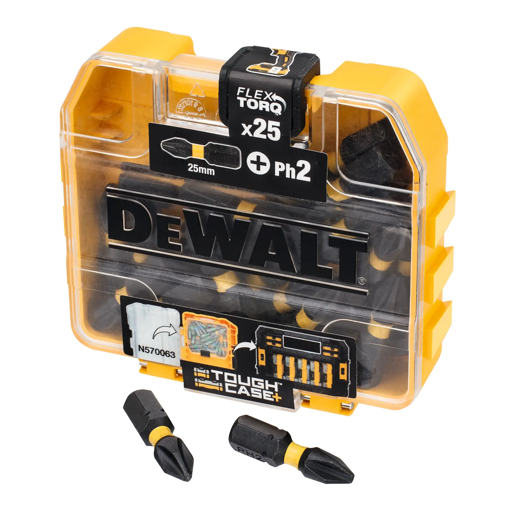DEWALT FlexTorq Bitset im gelben Koffer, enthält 25 Bits, zwei Bits sind außen.