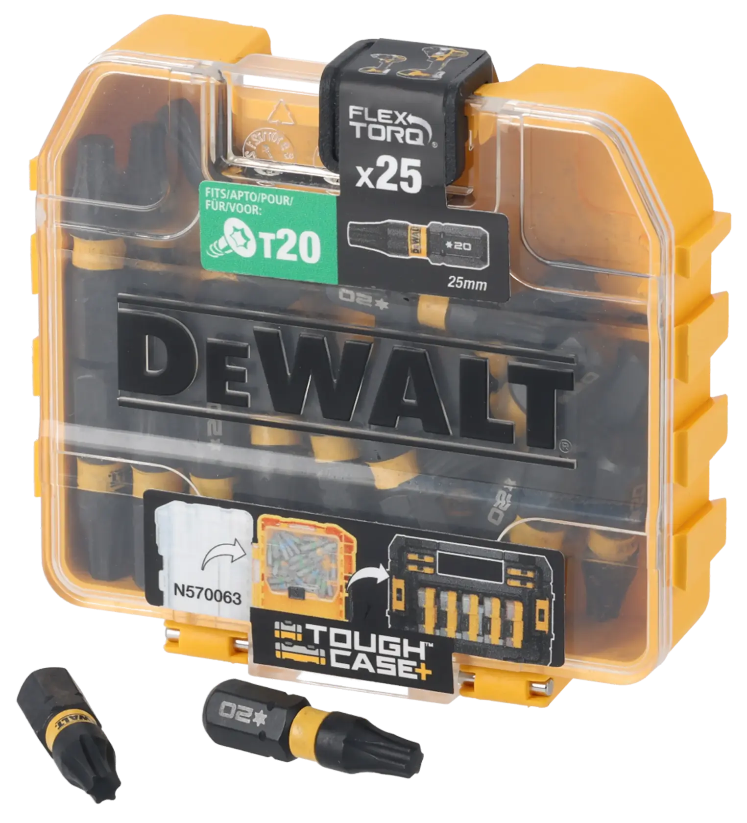 DEWALT DT70557T Tough Case mit 25 Torx T20 Bits, robuste gelb-schwarze Aufbewahrungsbox.