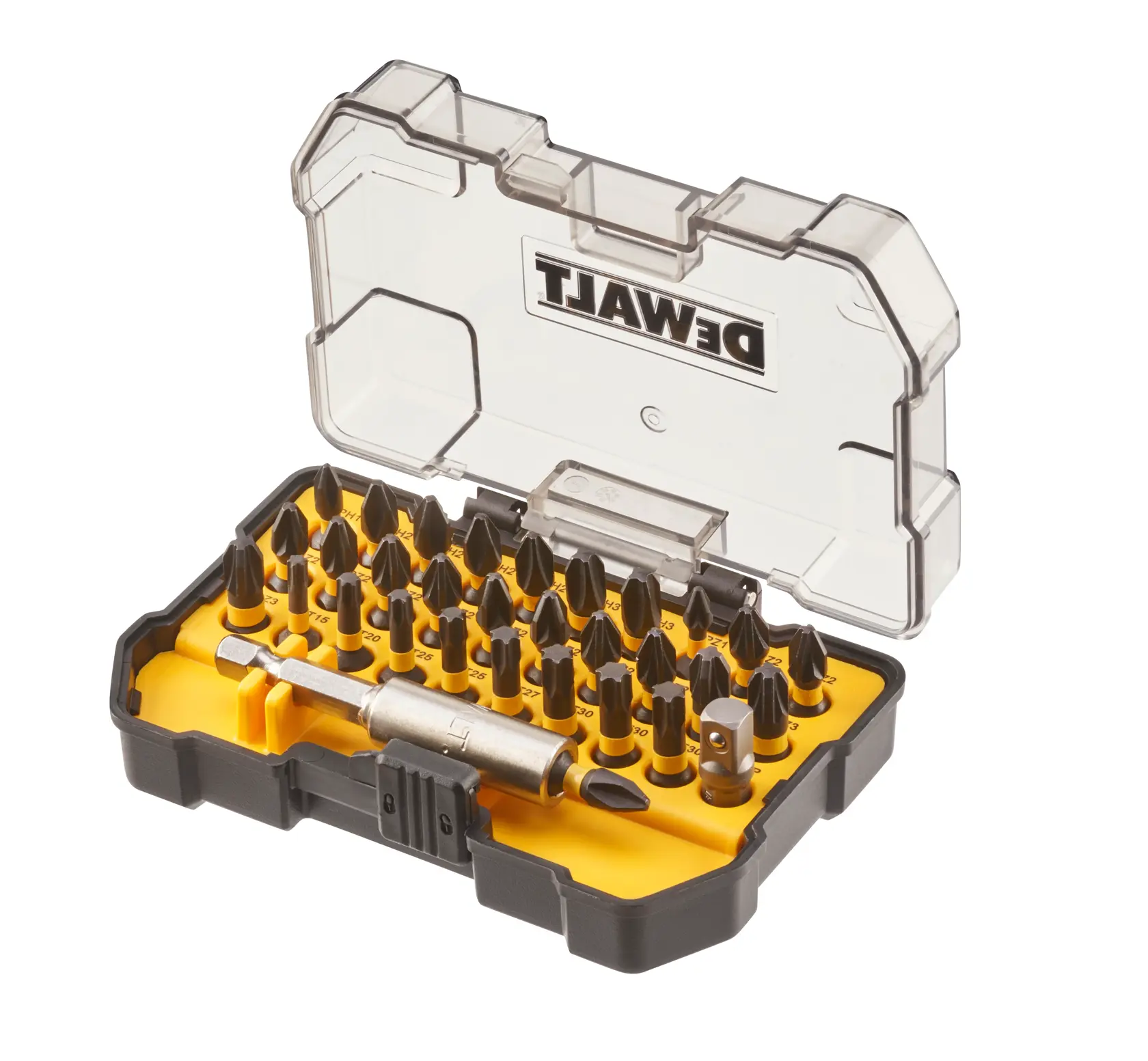 DEWALT screwdriver bit set in a yellow and black plastic case with a clear lid.