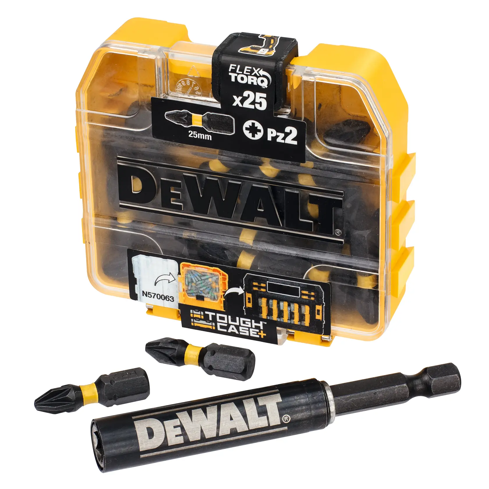 DEWALT DT70564T bit set in a yellow ToughCase, includes 25 PZ2 bits and bit holder, for screwdriving tasks.