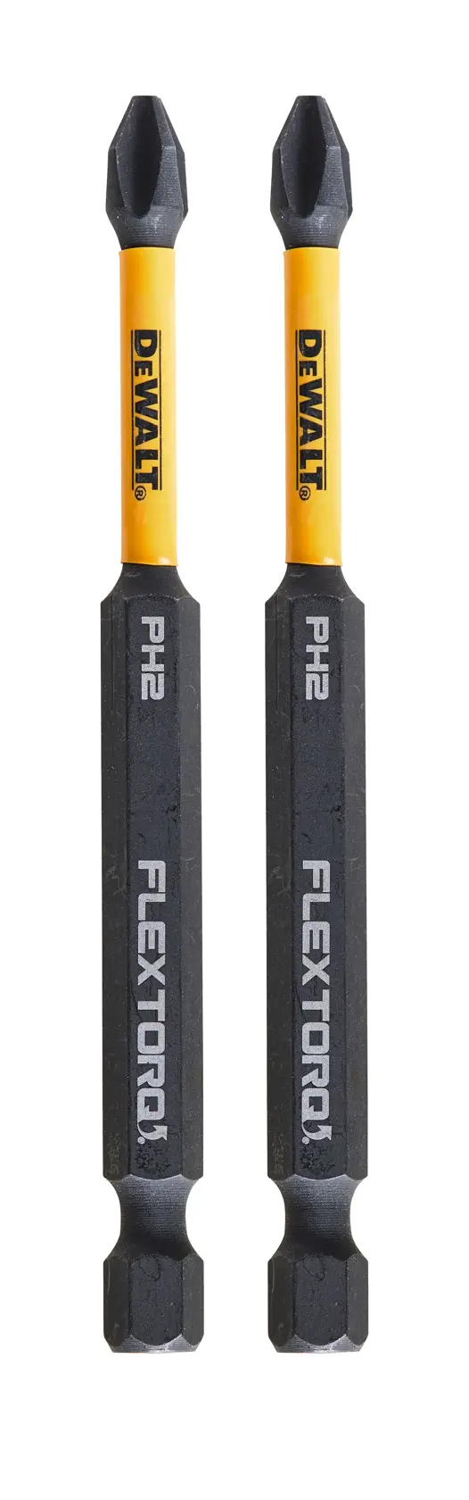 Two DEWALT PH2 FlexTorq screwdriver bits with yellow shafts and black tips, shown side by side.