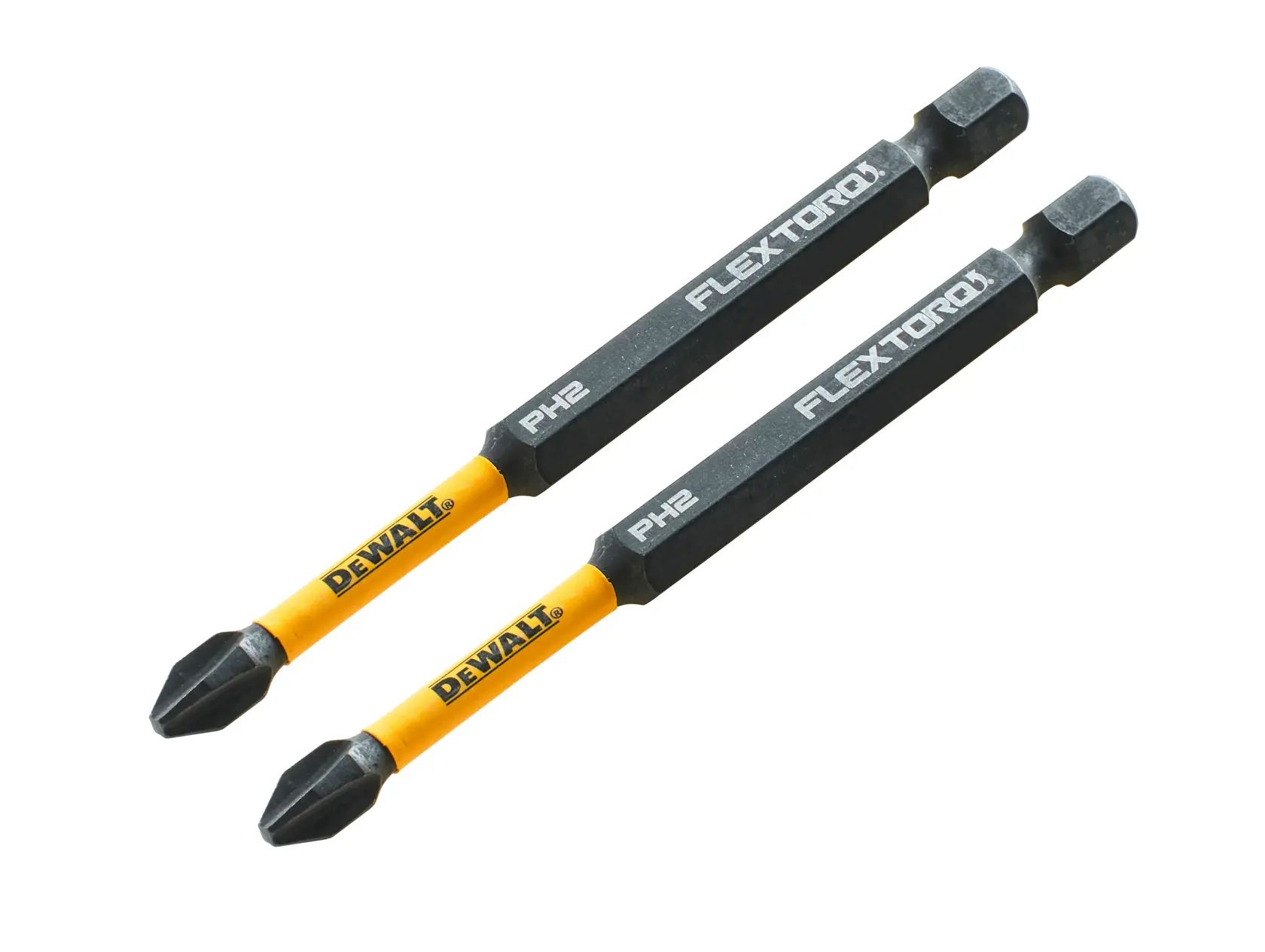 Two DEWALT PH2 FLEXTORQ screwdriver bits with yellow and black color, placed side by side on white background.