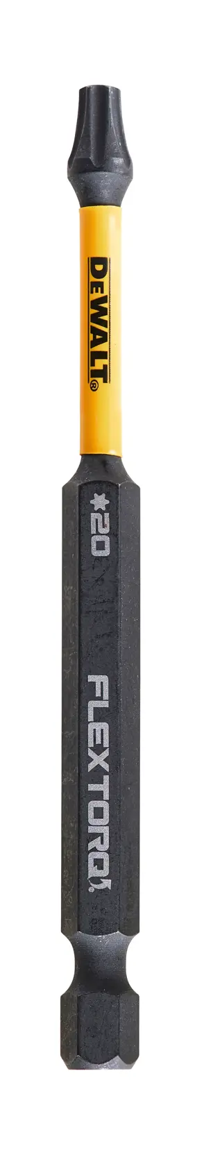 DEWALT DT70568T screwdriver bit with yellow and black design, labeled FLEXTORQ, displayed upright.