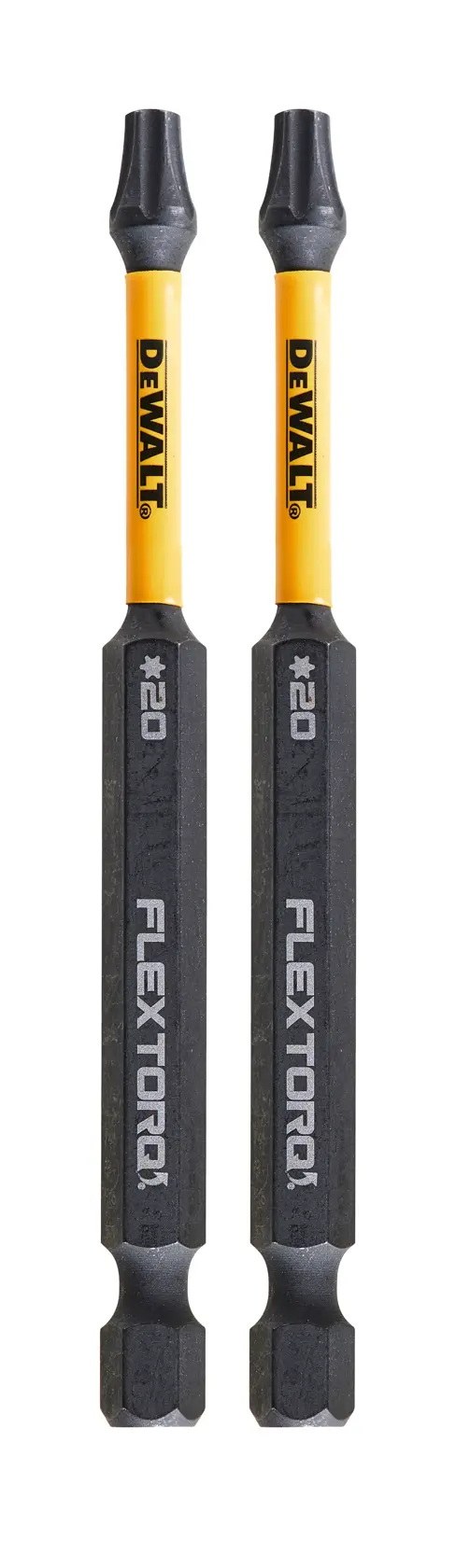 Two DEWALT FLEXTORQ screwdriver bits with yellow shaft and black tips, shown upright on white background.