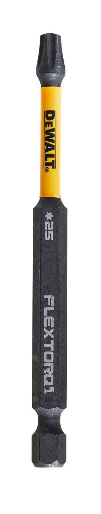 DEWALT FLEXTORQ screwdriving bit, yellow and black, with #25 marking. Designed for impact drivers.