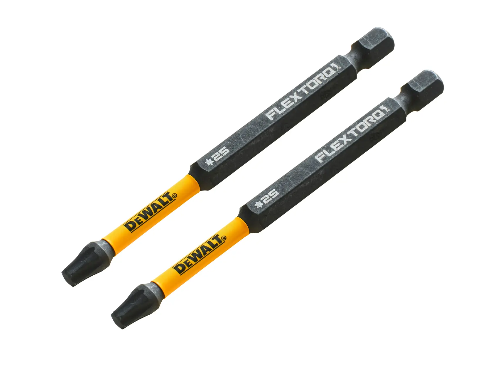 Two DEWALT FLEXTORQ screwdriver bits, yellow and black, with hex shank and labeled as size #25.