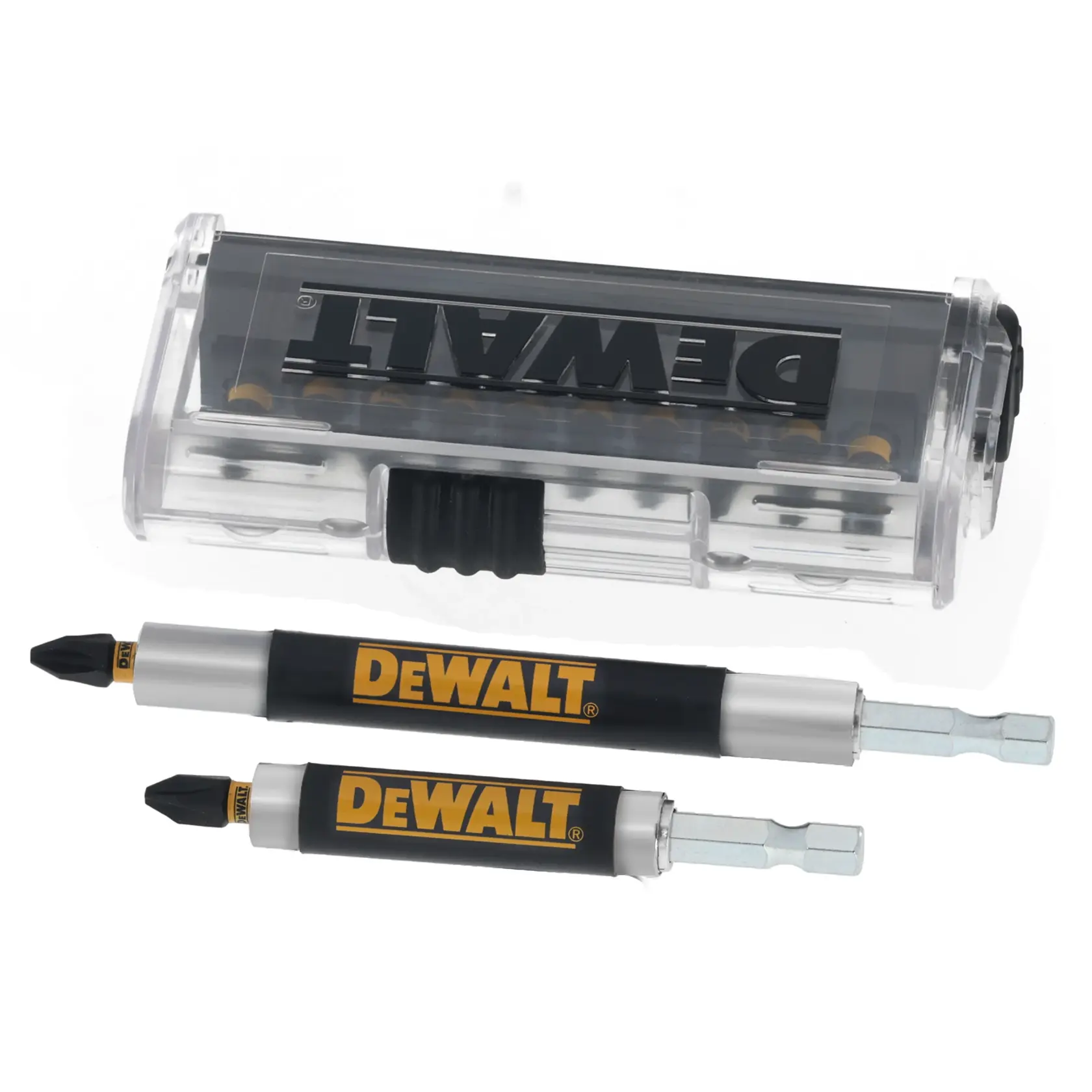 DEWALT screwdriver bit set with two bits and transparent case, shown on a white background.