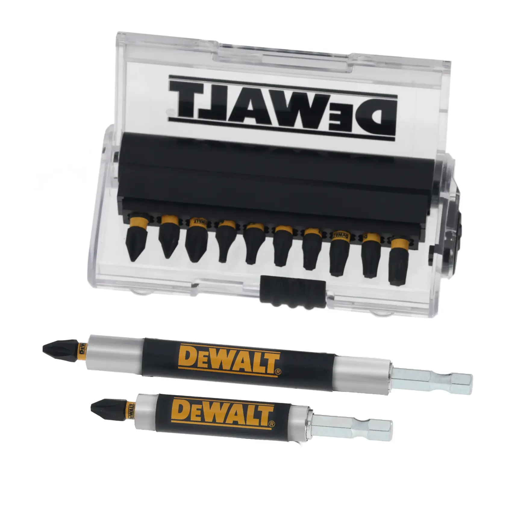 DEWALT bit set with clear case and two screwdriver bits with DEWALT branding, for power tools.