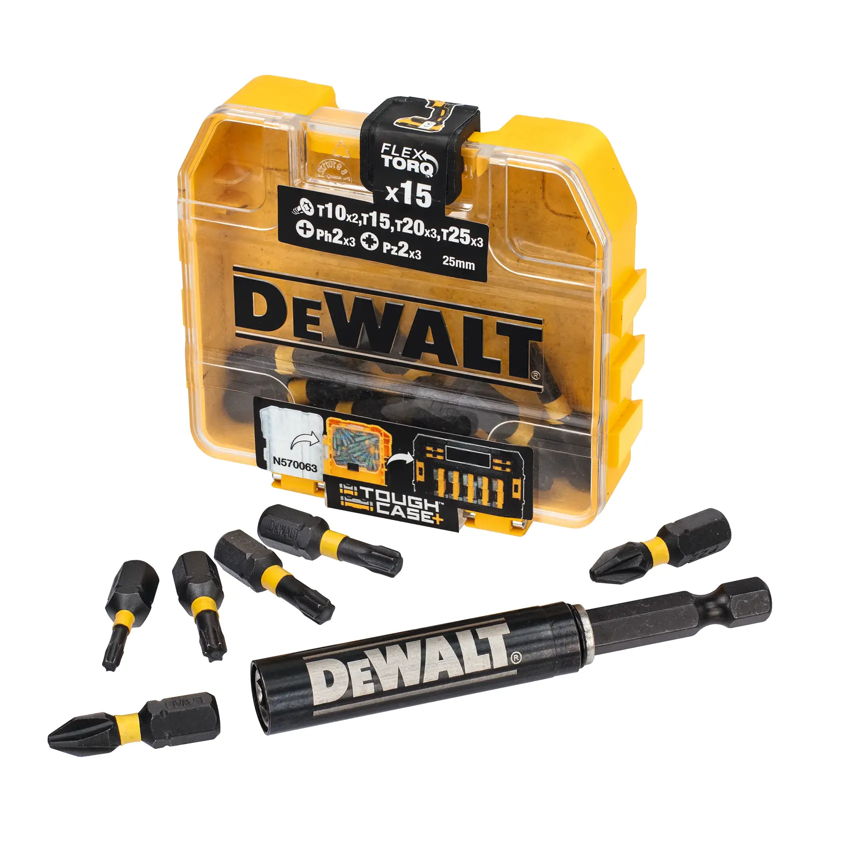 DEWALT DT70577T, DT70577T-QZ bit set in case, includes bits and holder, photography product.