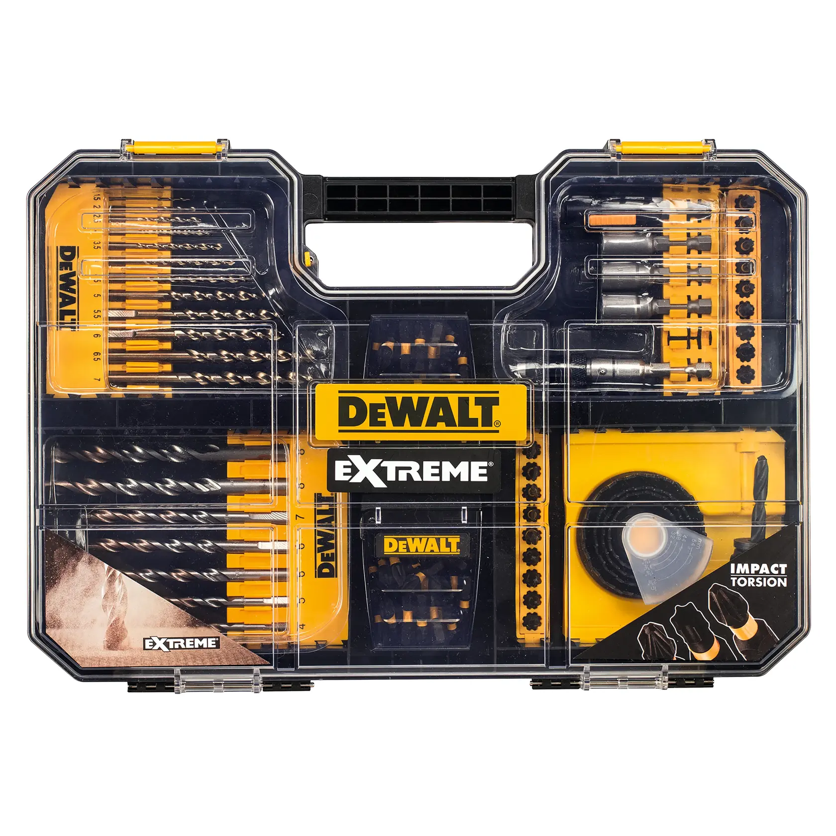 DEWALT DT70620T Extreme drill and bit set in a plastic case with organized compartments.