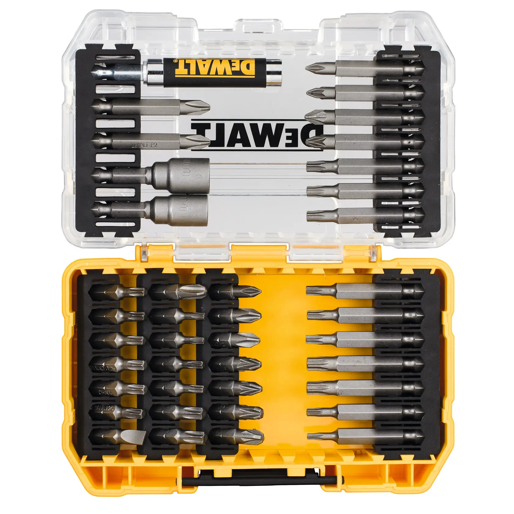 DEWALT DT70705 drill bit set in a yellow plastic case with assorted screwdriver bits and accessories.