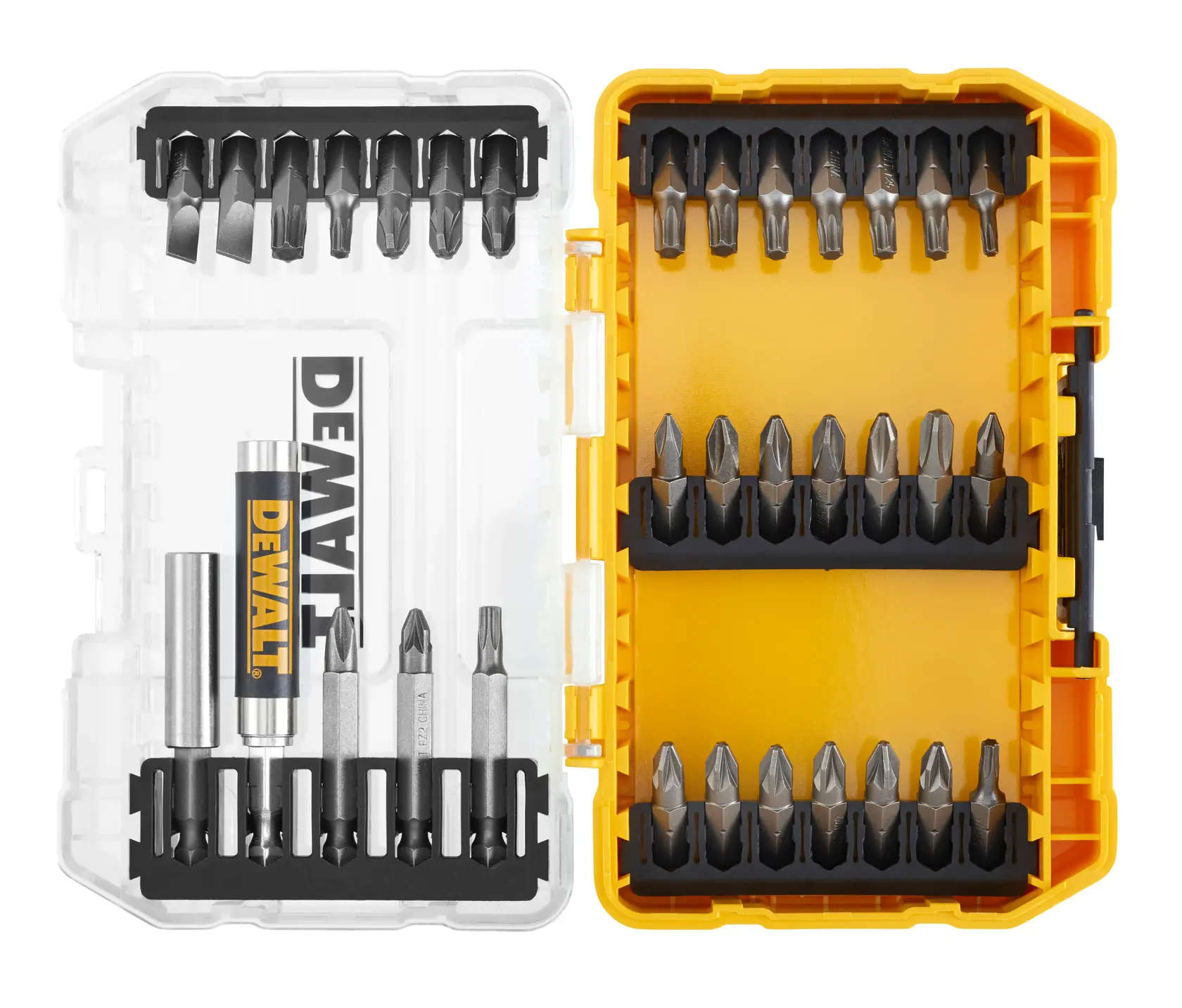 DEWALT DT70709, juego de puntas para destornillador en estuche amarillo y transparente, acomodadas en filas.