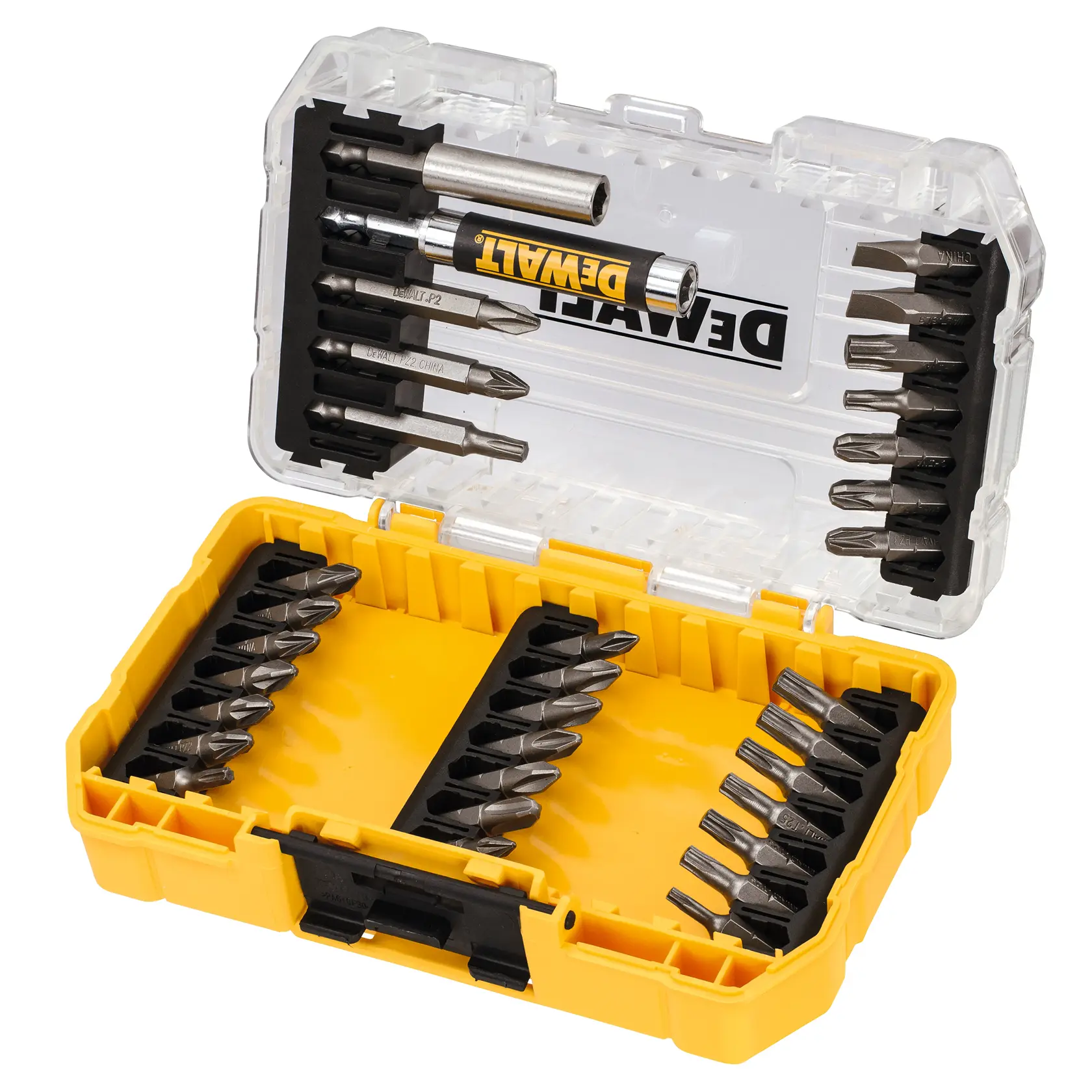 Caja DEWALT amarilla y transparente con brocas y accesorios de destornillador organizados dentro.