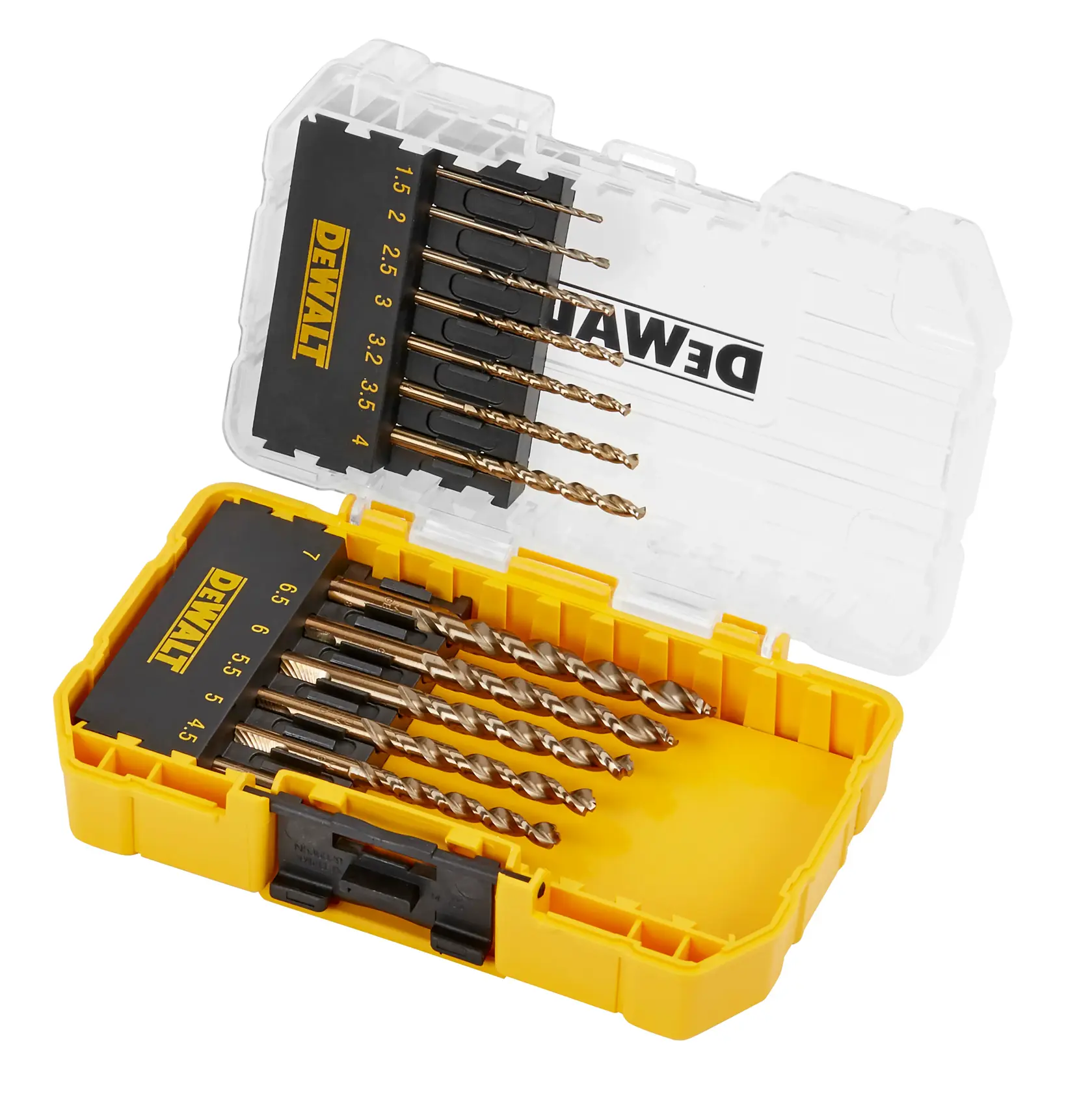 Juego de brocas DEWALT de varios tamaños en caja amarilla con tapa transparente.