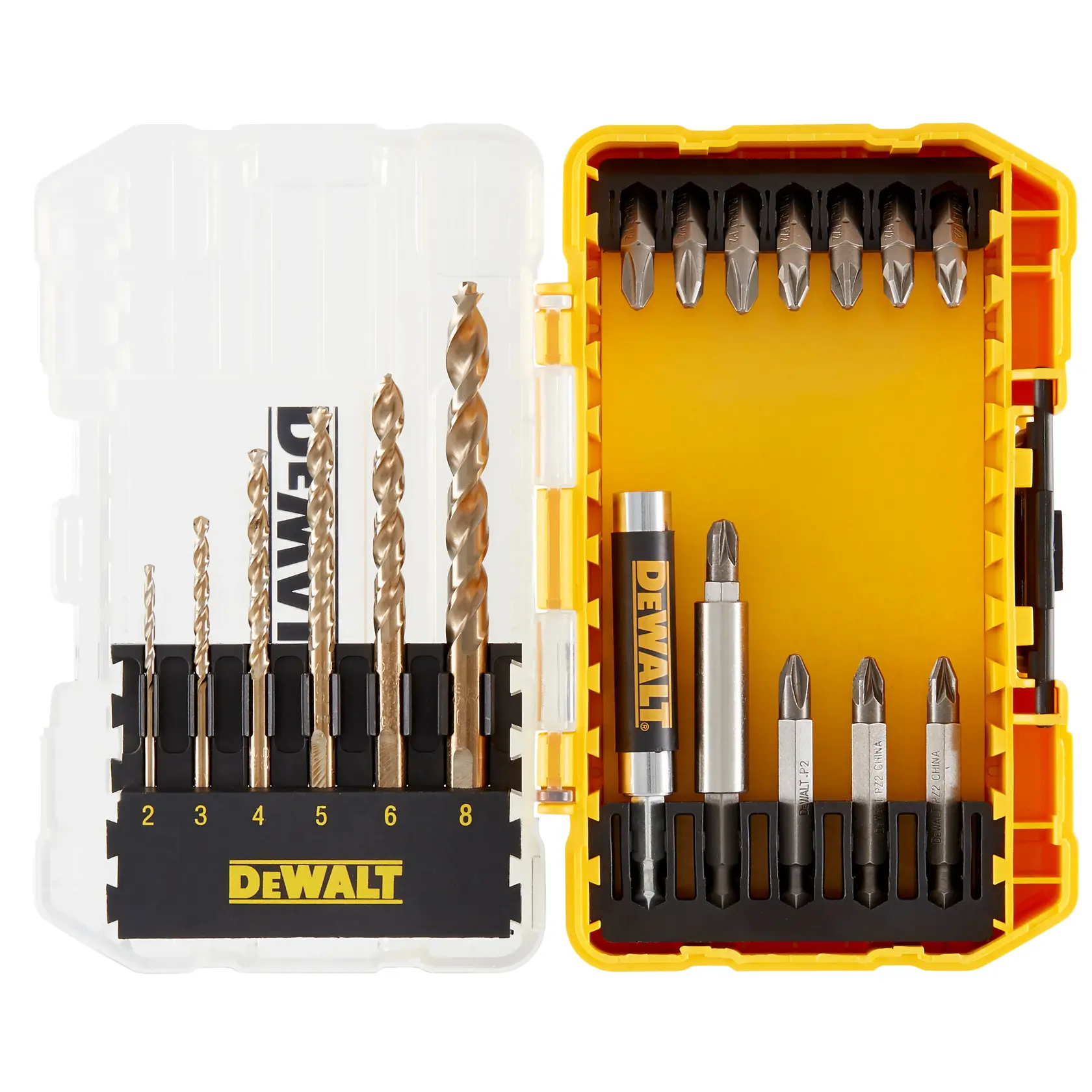 Juego de brocas y puntas DEWALT en estuche amarillo de plástico.