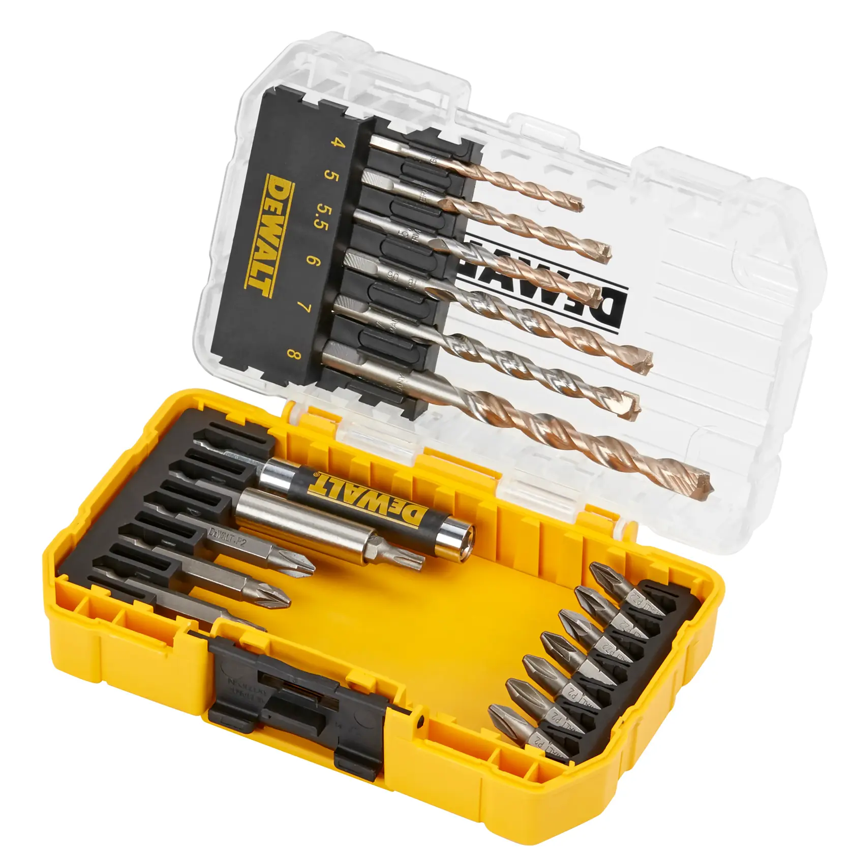 Juego DEWALT de brocas y puntas en caja amarilla de plástico con tapa transparente, varios tamaños.
