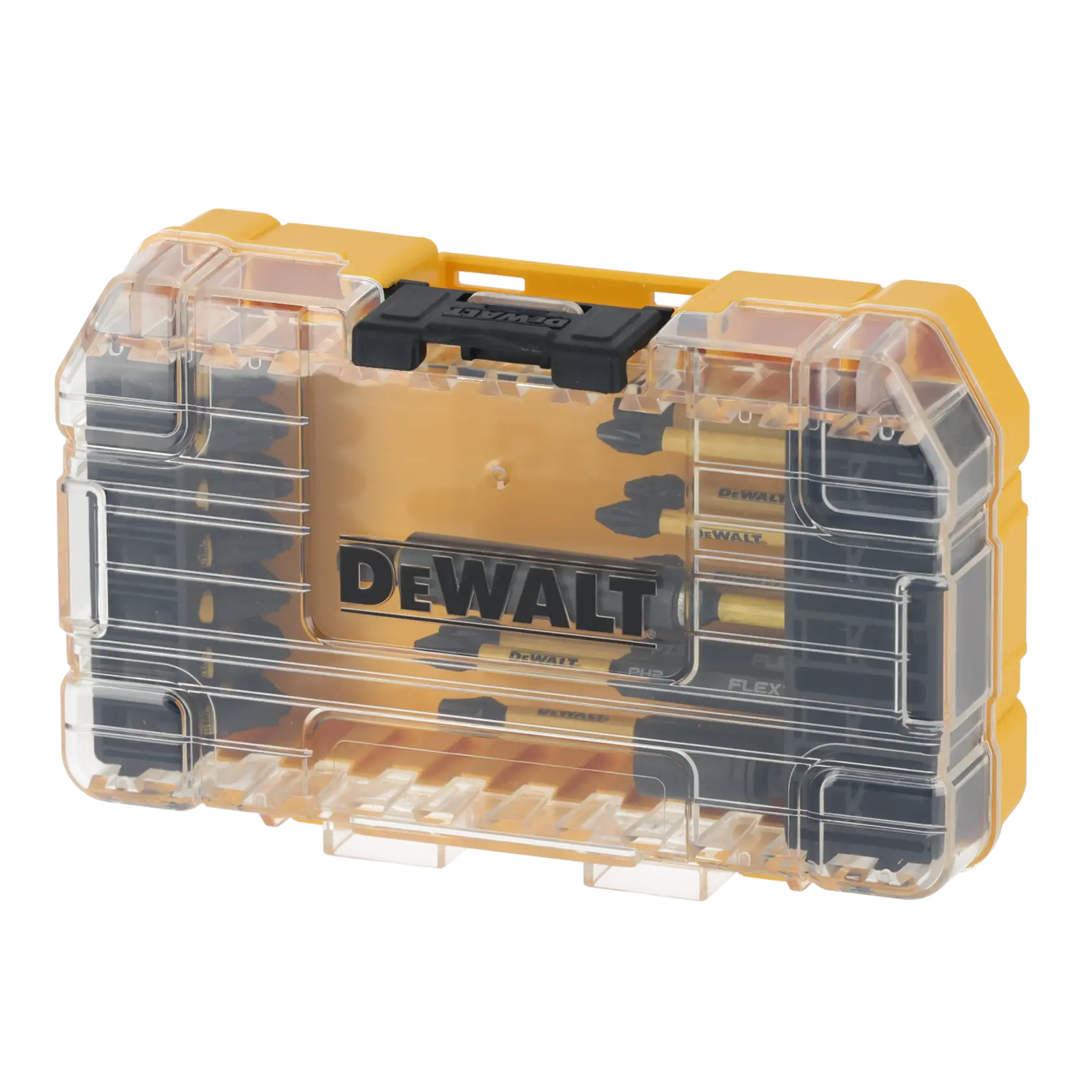 Juego de puntas DEWALT en estuche de plástico amarillo y transparente con puntas visibles.
