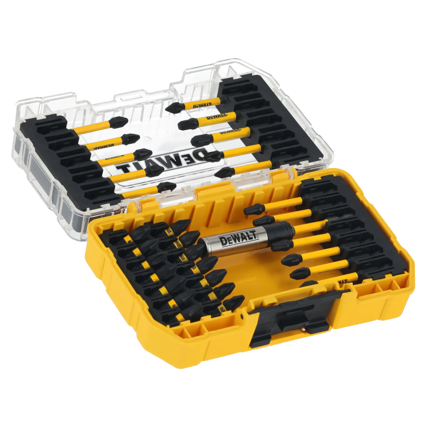 Estuche amarillo DEWALT con varios bits y portabits, organizados y tapa transparente.