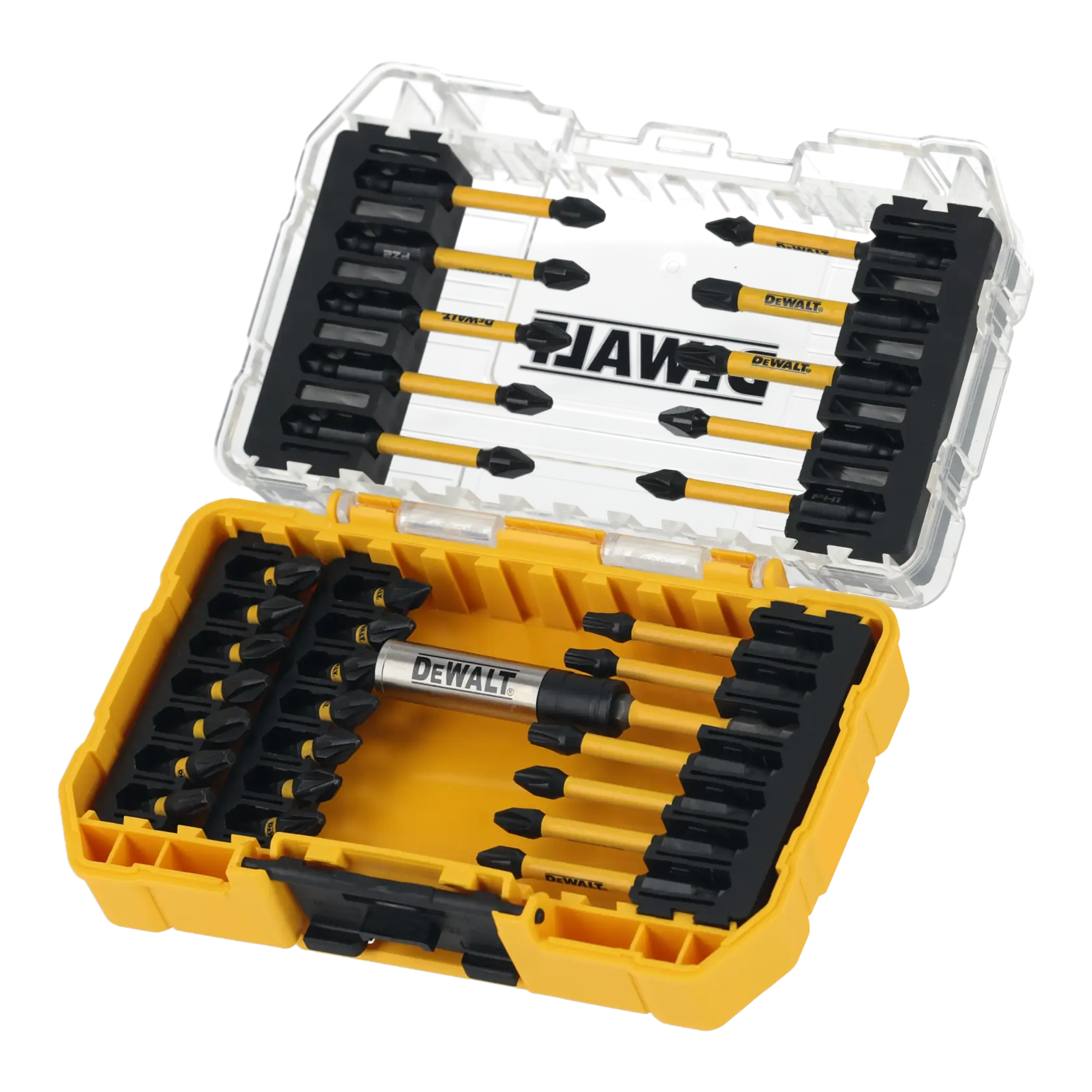 DEWALT yellow hard case with assorted screwdriver bits and a bit holder, open to show contents.