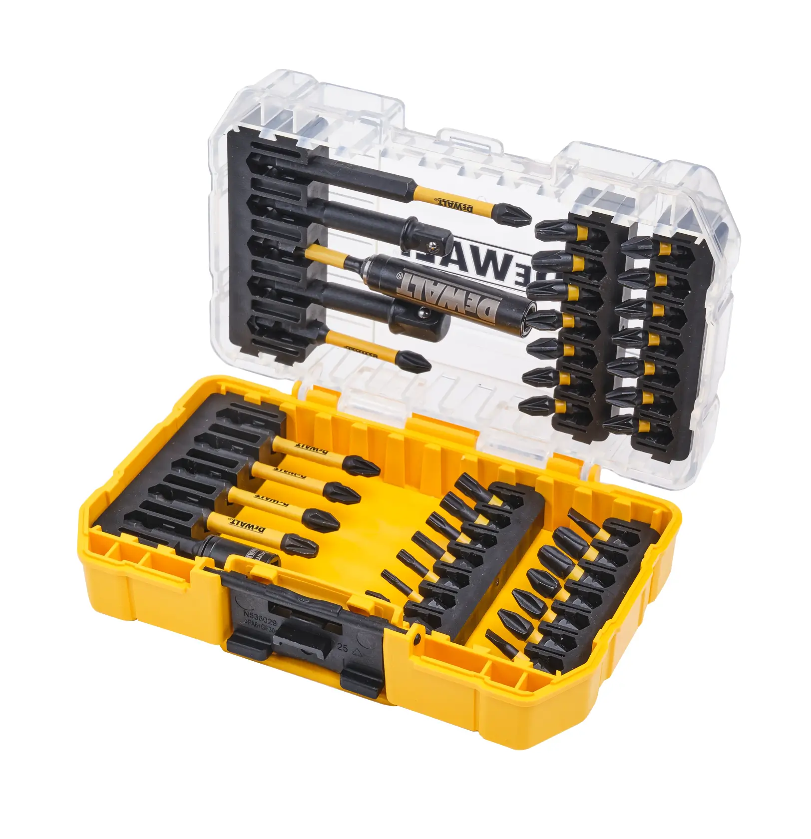 Graphique montrant la marque DEWALT XTREME Sub-Compact Series avec le slogan 'Compact et performance garantie' sur un fond jaune.