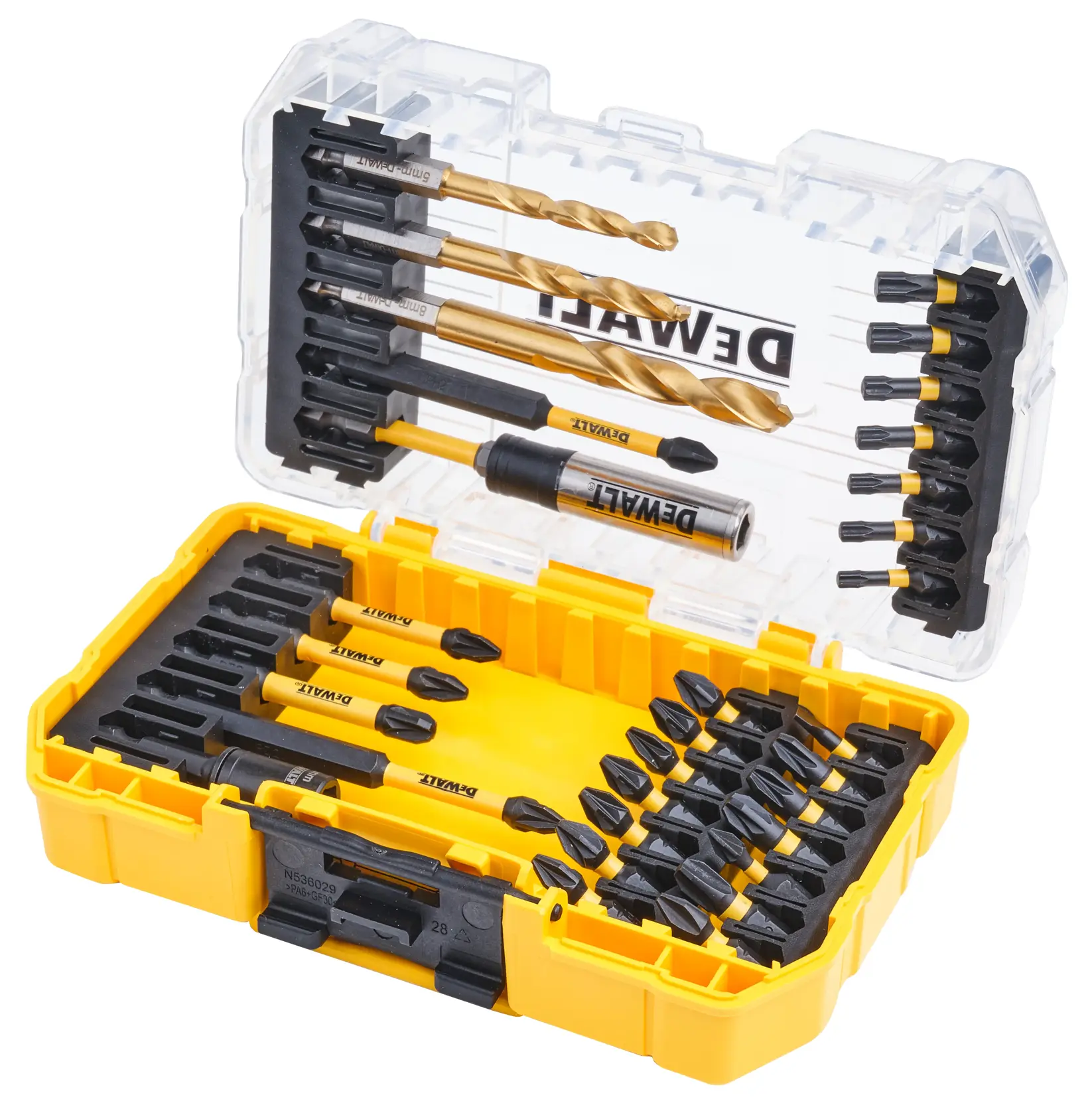 Caja DEWALT DT70741T amarilla y transparente con set de brocas y puntas organizadas en el interior.