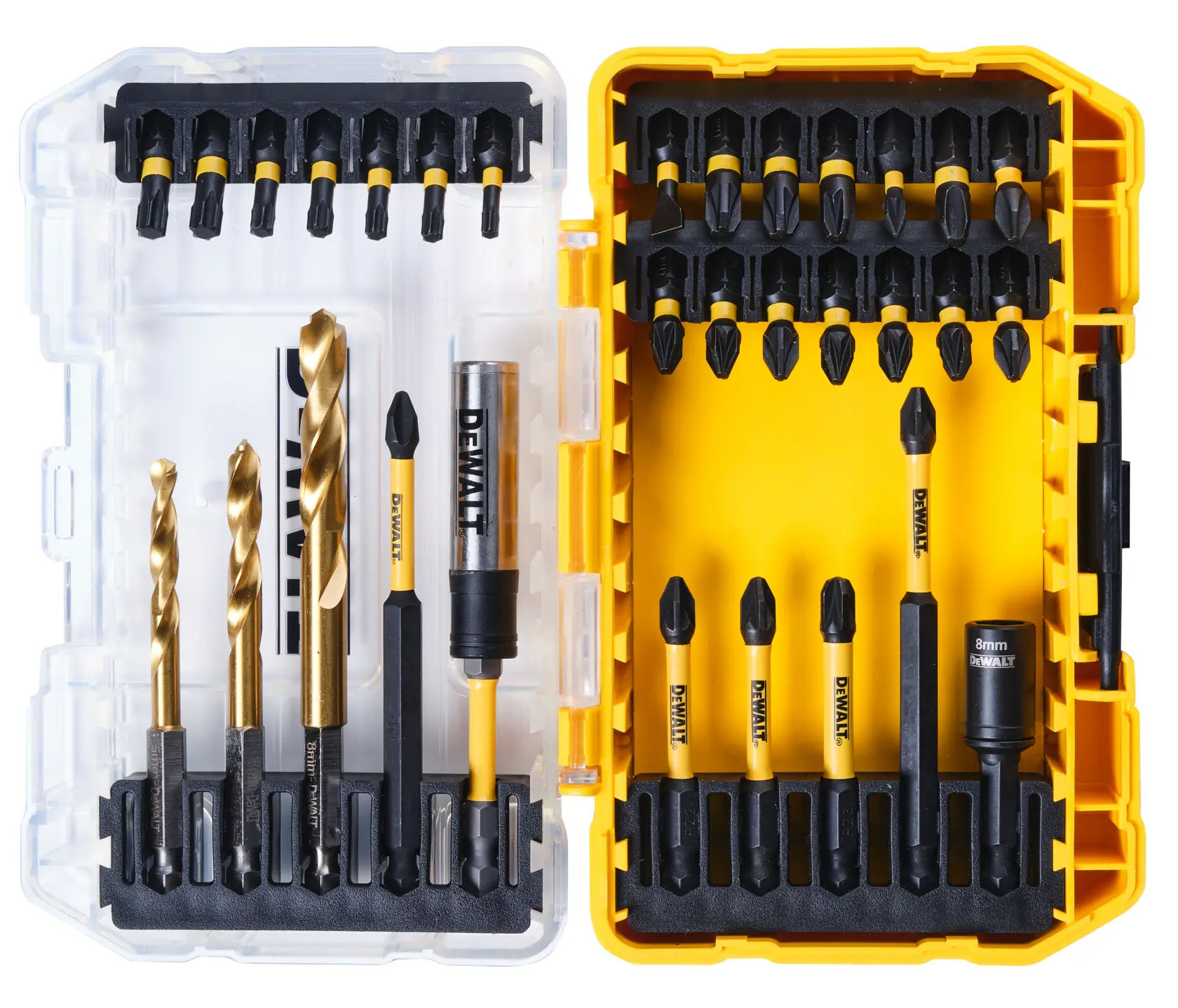 Caja amarilla DEWALT DT70741T con brocas y puntas de destornillador organizadas dentro.