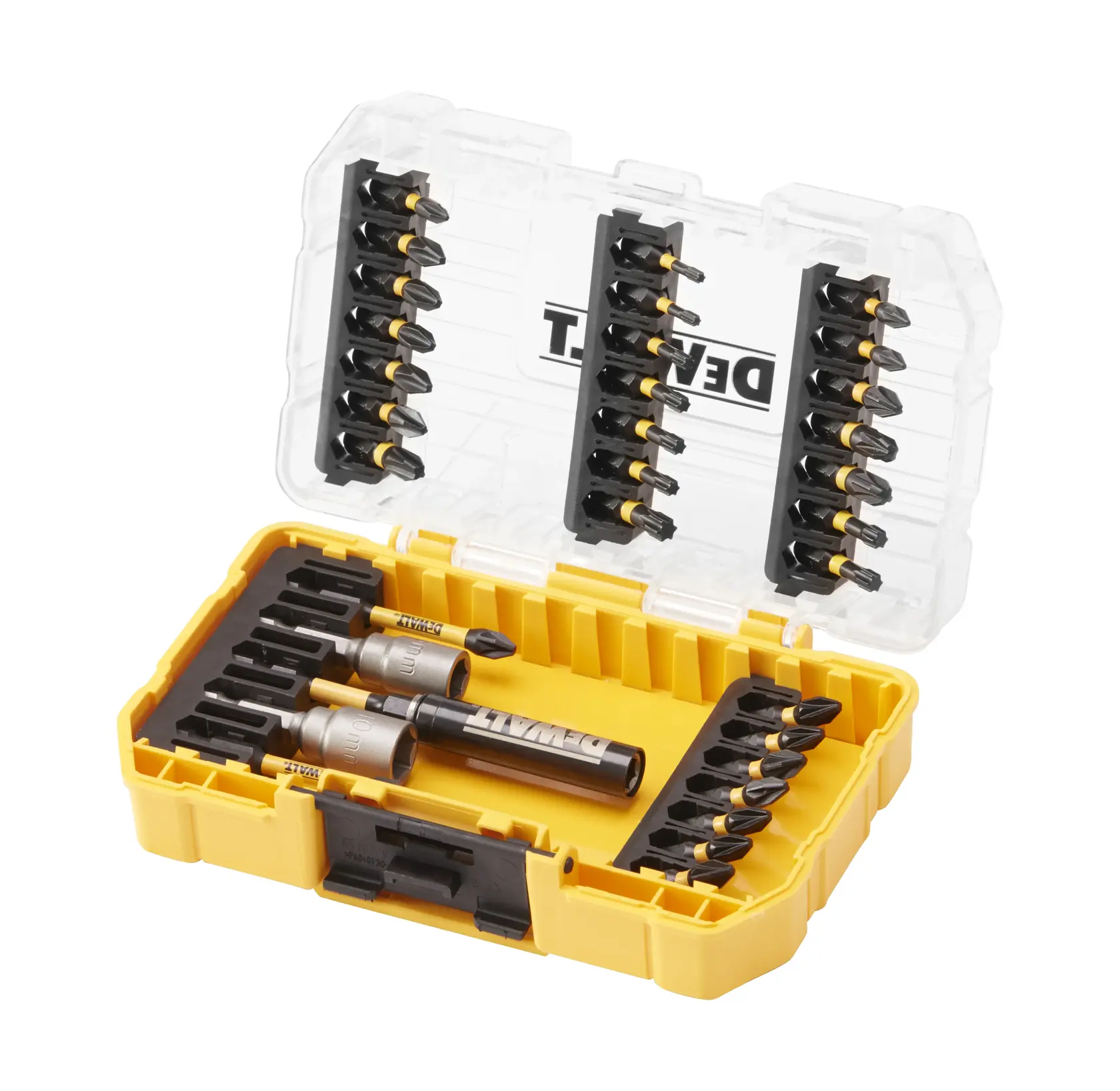 Graphique montrant la marque DEWALT XTREME Sub-Compact Series avec le slogan 'Compact et performance garantie' sur un fond jaune.