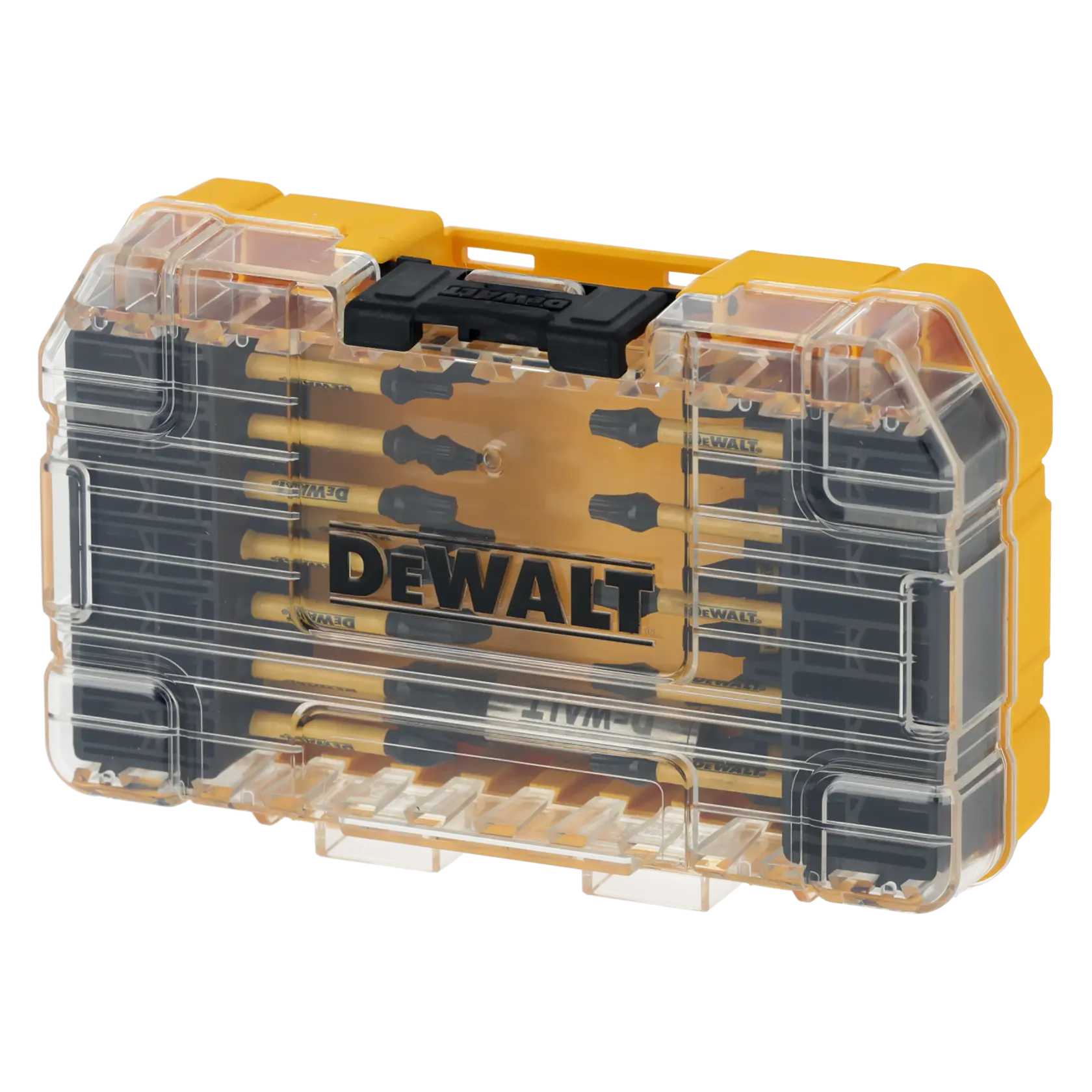 DEWALT DT70745T Bitset in einer transparenten Kunststoffbox mit mehreren Werkzeugbits.