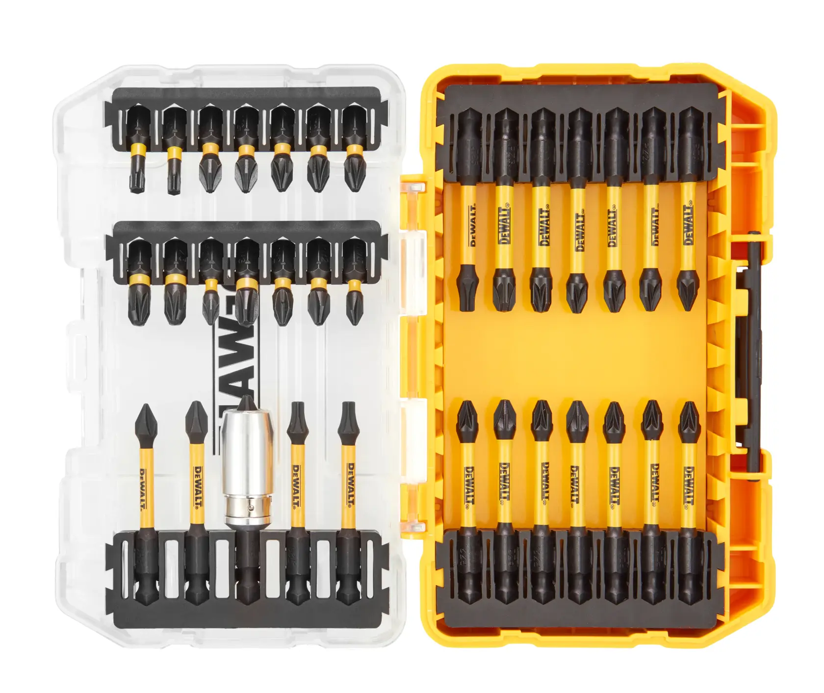 DEWALT DT70746T yellow and black drill bit set in an open plastic case, showing multiple bits neatly organized.