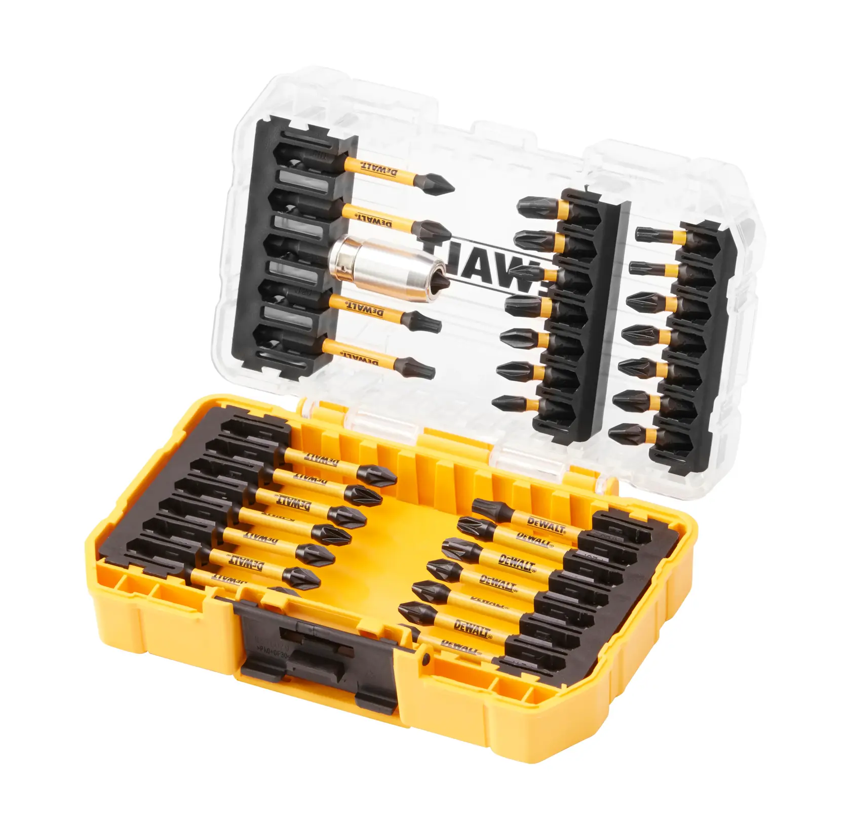 DEWALT yellow and black case with assorted screwdriver bits and a bit holder, open to show contents.