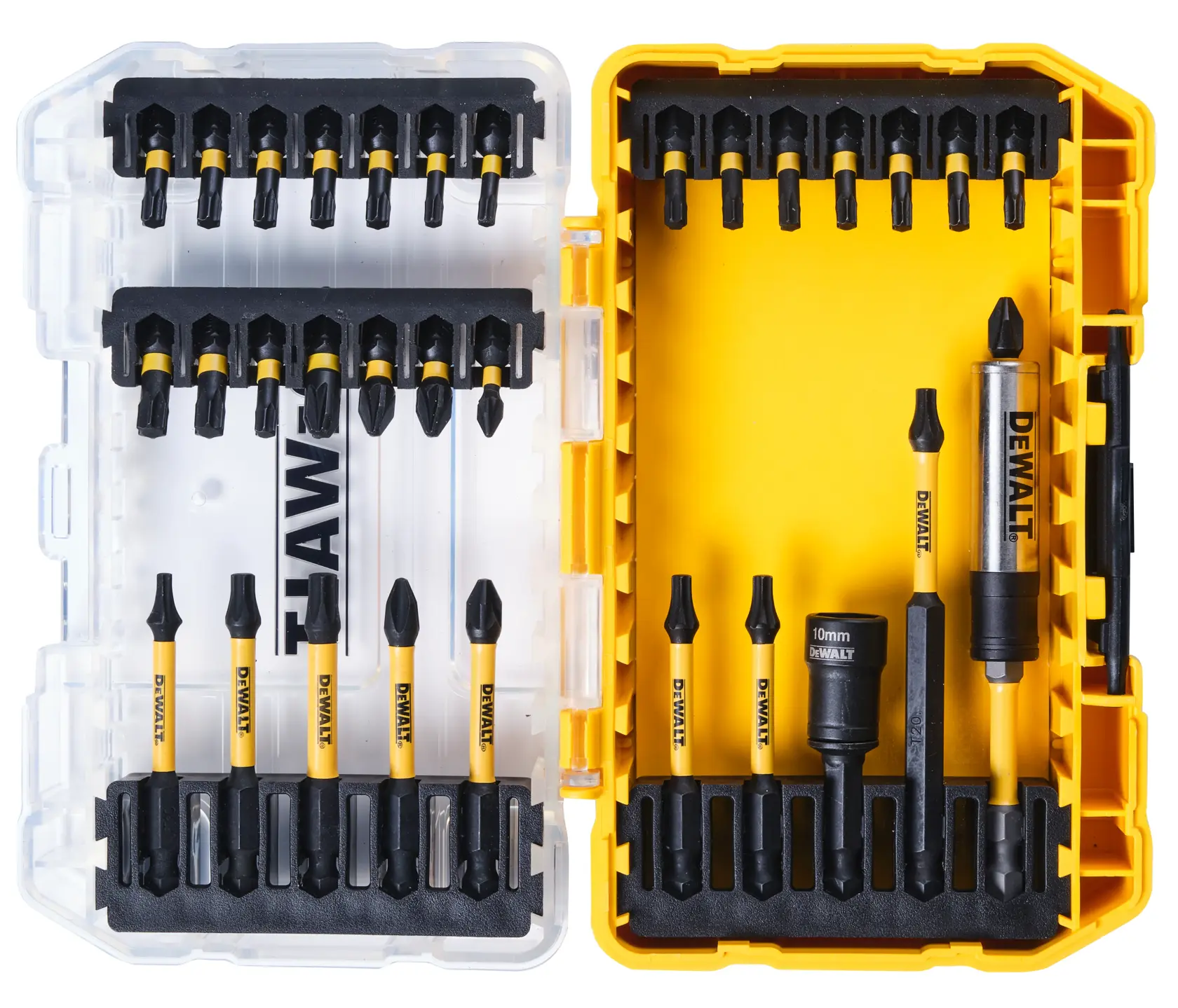 DEWALT DT70747T drill and screwdriver bit set in a yellow plastic case with multiple bits and accessories.