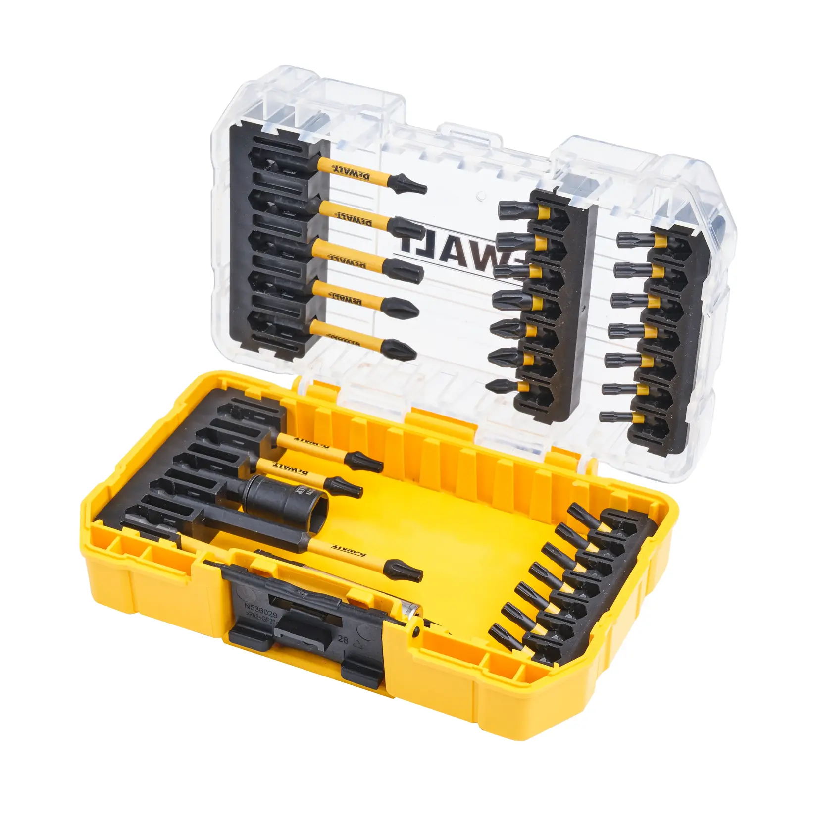 Yellow DEWALT case with assorted screwdriver bits and holder, organized in rows, lid is open.