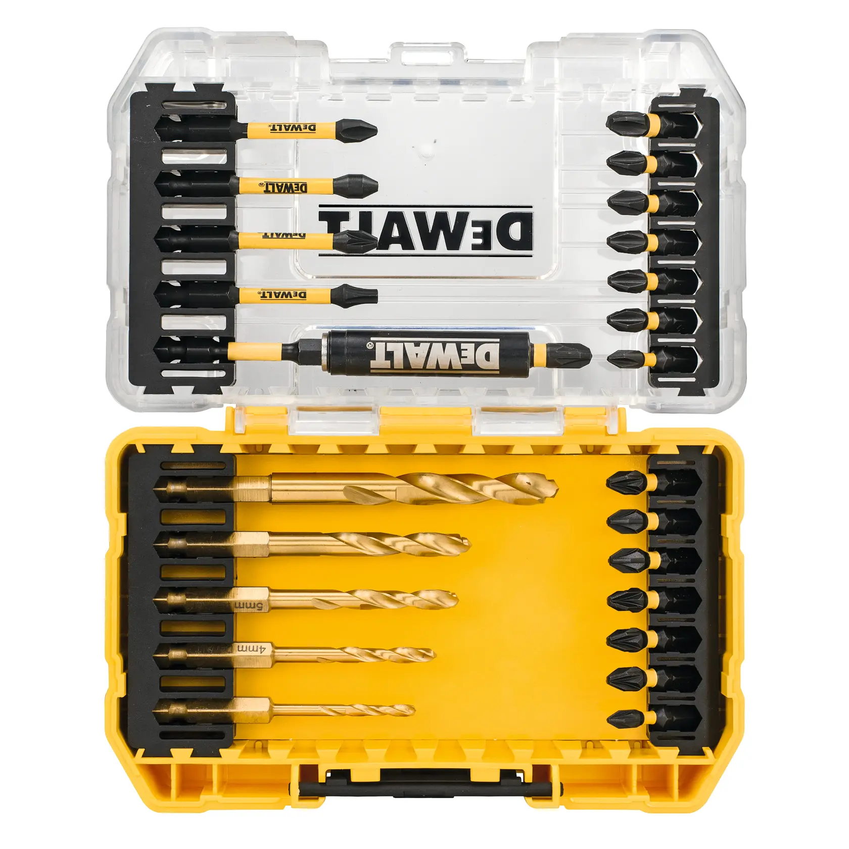 DEWALT DT70749T set with drill bits and screwdriver bits in a yellow plastic case, open to show contents.