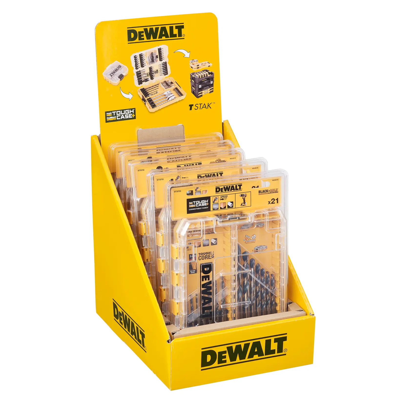 DEWALT-Ausstellungsbox mit mehreren Bohrersets in Klarsichtboxen. Gelbe Verpackung für den Einzelhandel.