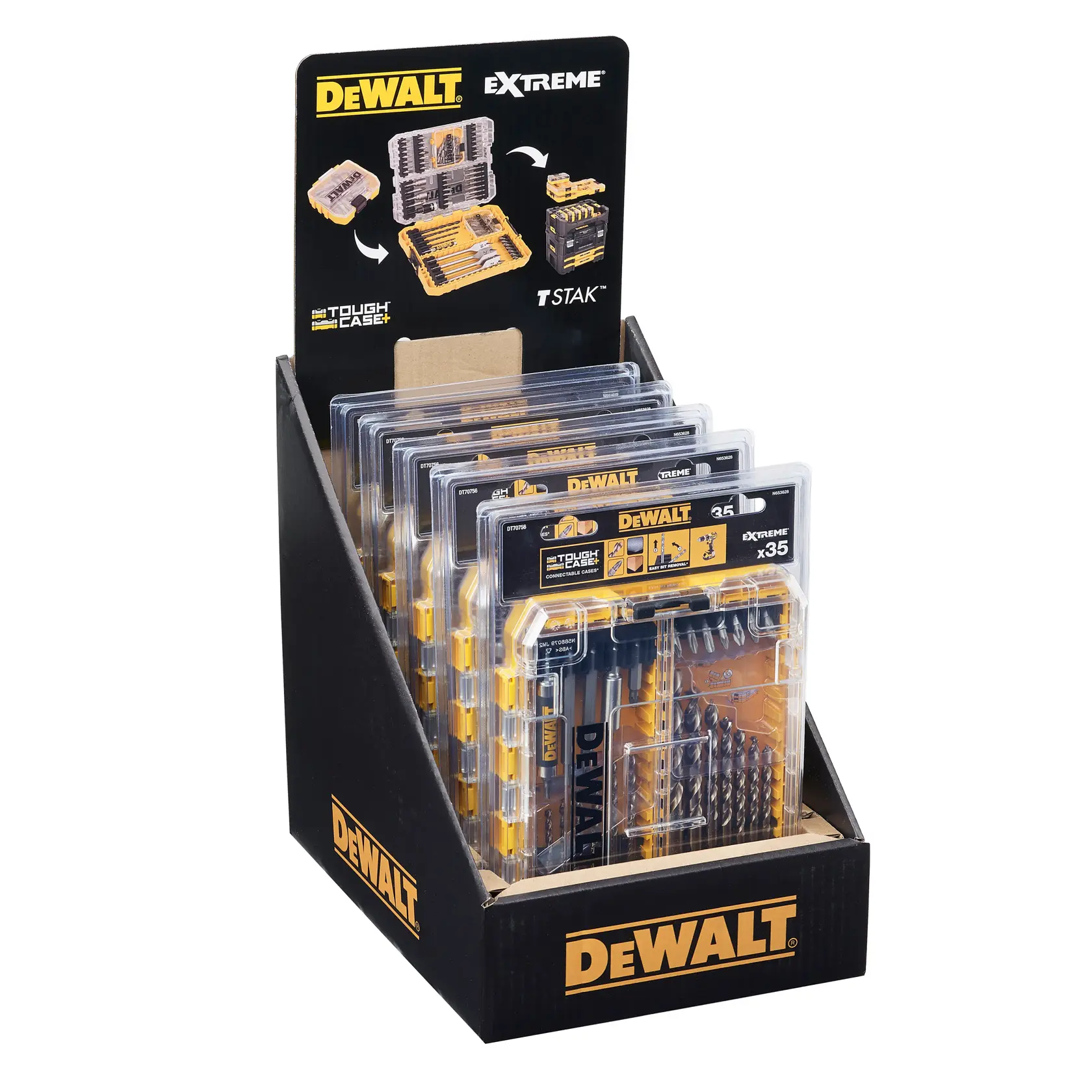 DEWALT DT70756 drill bit set packs displayed in a branded retail box, featuring Tough Case and Extreme labels.