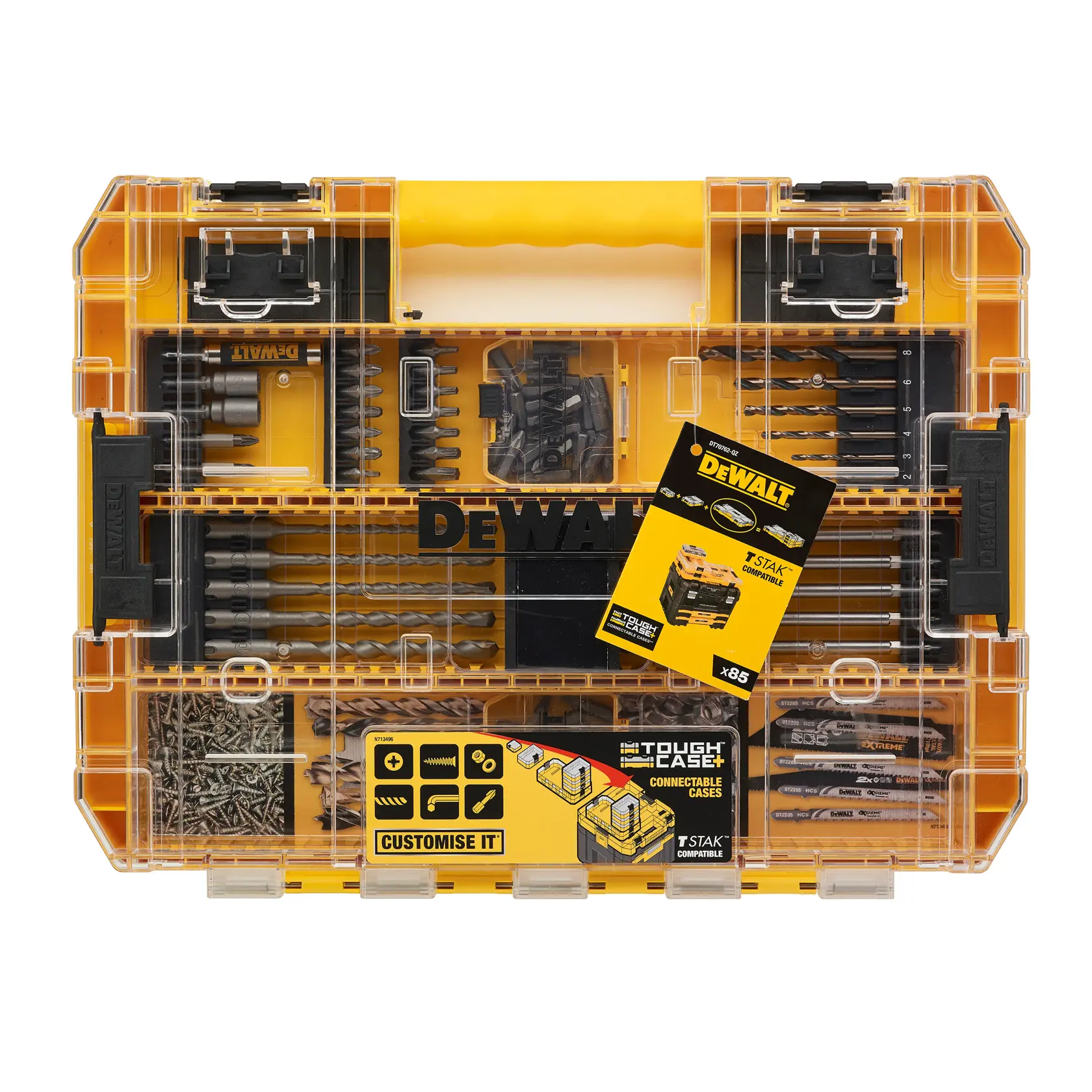 DEWALT DT70762 photography case with multiple drill bits and accessories in clear yellow storage box.