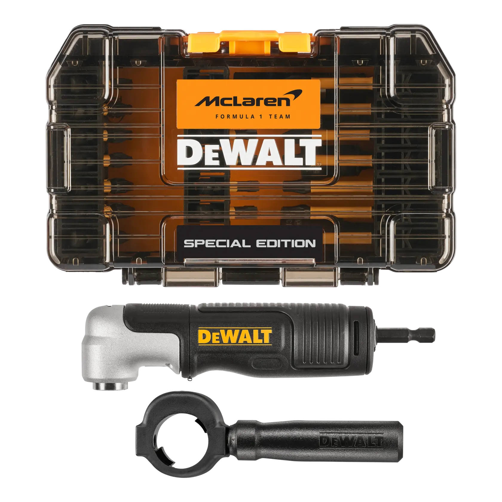 DEWALT McLaren Special Edition Werkzeugset mit Bits und Winkelaufsatz.