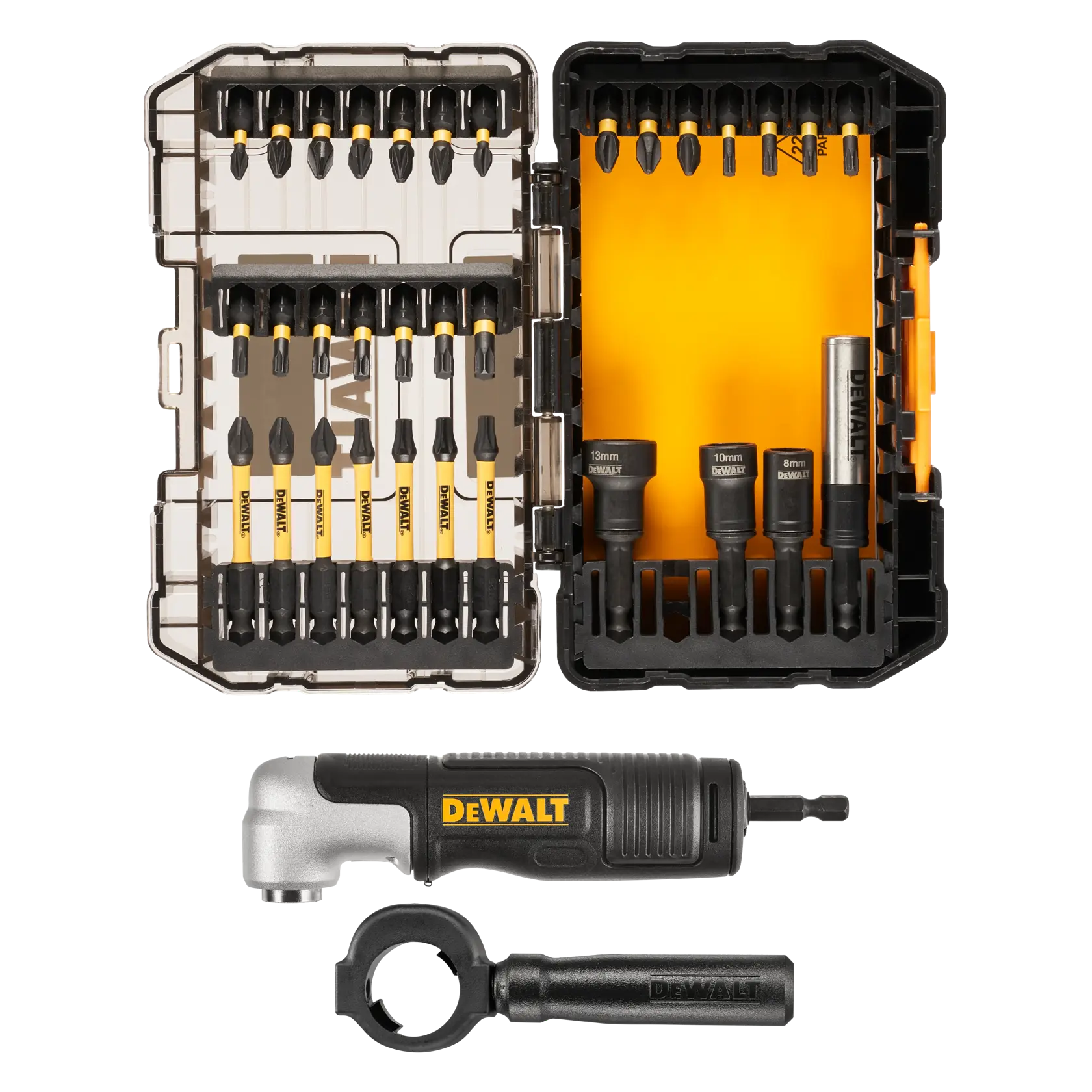 DEWALT DT70782 Set mit Schraubbits, Stecknüssen, Winkelaufsatz und Griff in einem Kasten.