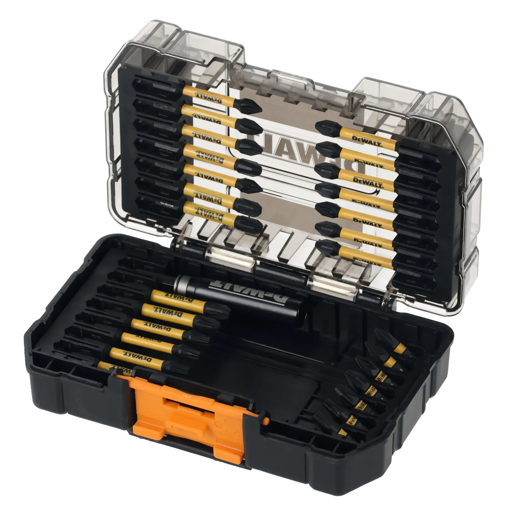Set fotográfico DEWALT DT70902T, DT70902T-QZ en caja negra y transparente con puntas amarillas.