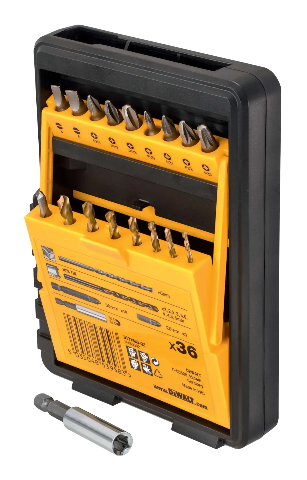 DEWALT drill and screwdriver bit set in a yellow and black hard case with multiple bits and bit holder.