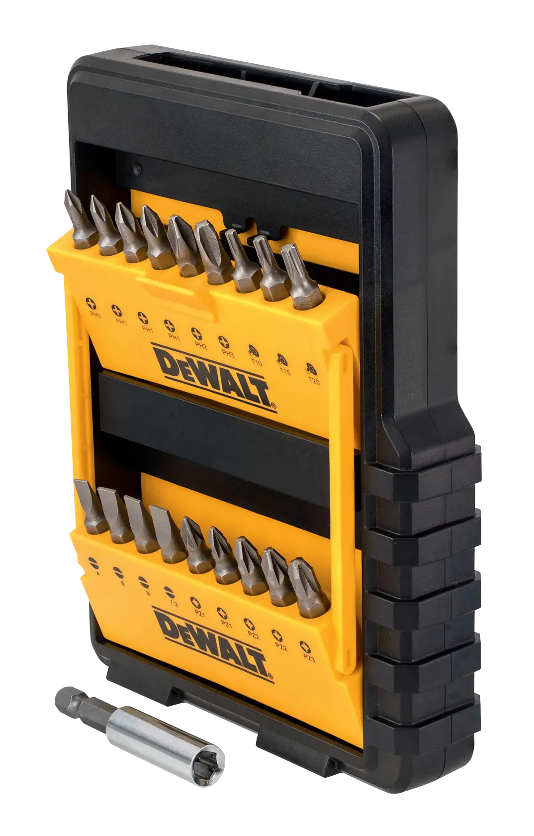 DEWALT screw bit set in a yellow and black case with multiple bits and a metal bit holder.